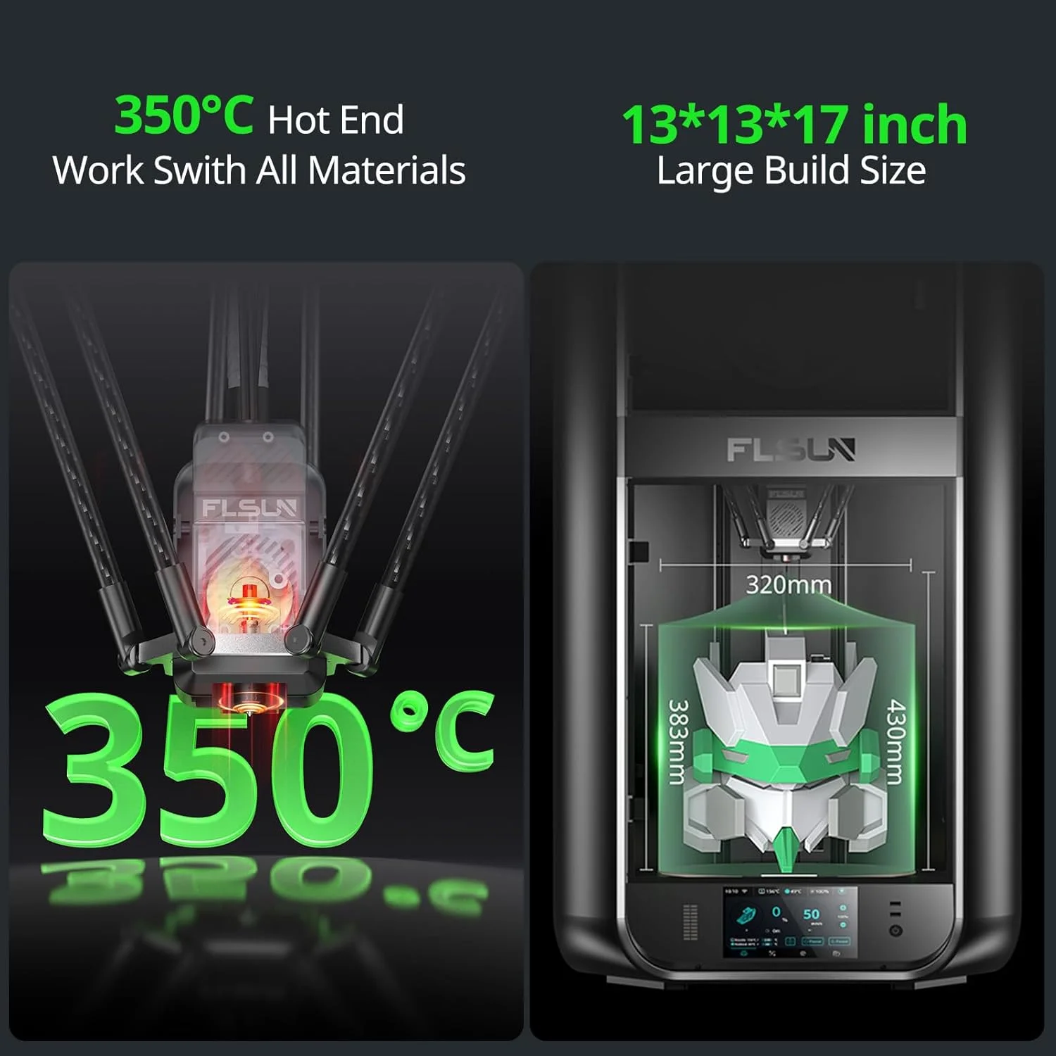پرینتر سه بعدی FLSUN S1، پرینترهای سه بعدی با سرعت بالا تا 1200 میلی متر بر ثانیه، پرینتر دلتا FDM با عملکرد هوش مصنوعی، تراز خودکار کامل، اکسترودر درایو مستقیم دوگانه، اندازه چاپ 320x320x430 میلی متر