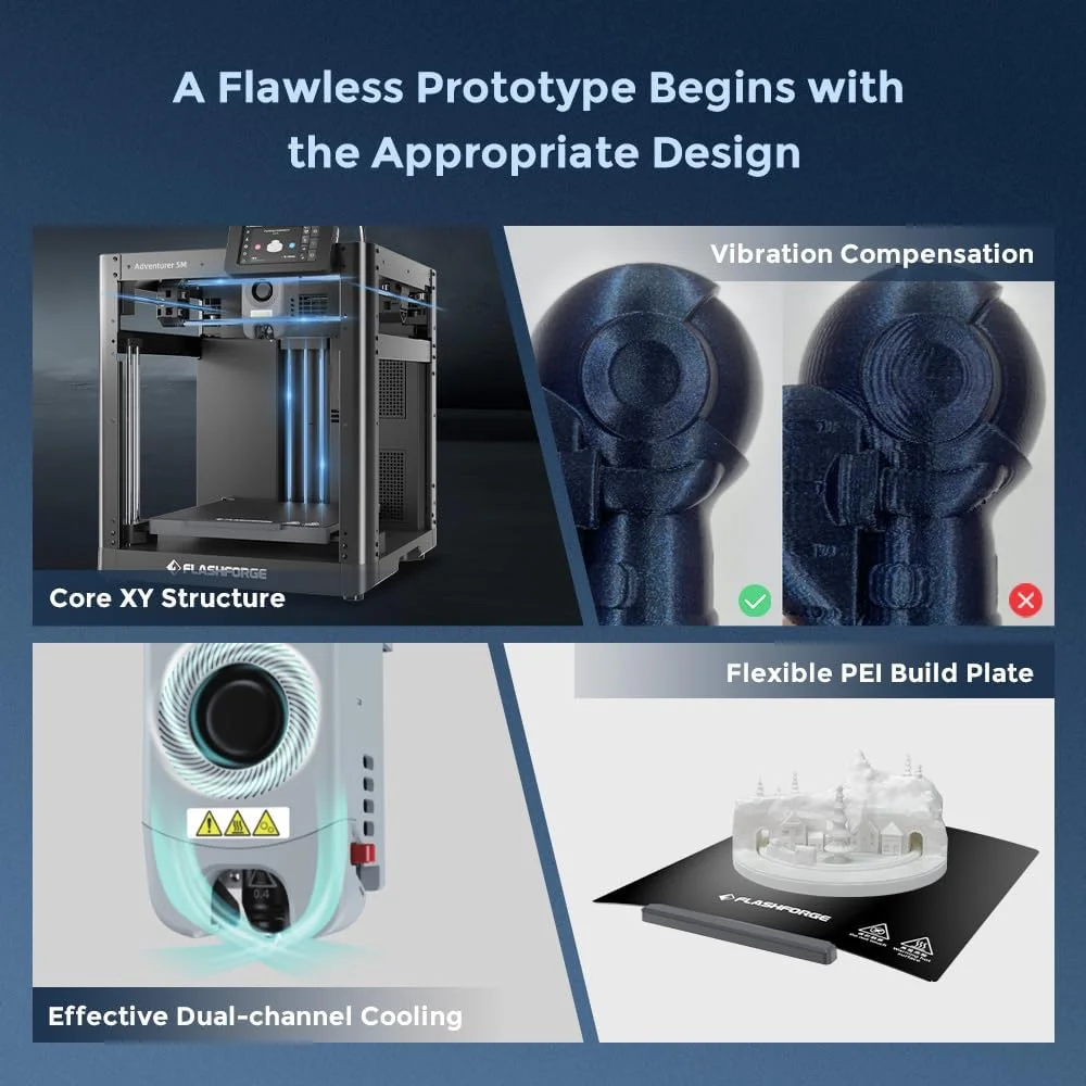 پرینتر سه بعدی FLASHFORGE AD5M با کالیبراسیون کاملا اتوماتیک و سرعت چاپ 600mm/s، ساختار تمام فلزی CoreXY با چاپ دقیق، نازل با قابلیت تعویض سریع و نگهداری آسان، اندازه چاپ 220x220x220mm پرینتر سه بعدی FLASHFORGE AD5M با کالیبراسیون کاملا اتوماتیک و سرعت چاپ 600mm/s، ساختار تمام فلزی CoreXY با چاپ دقیق، نازل با قابلیت تعویض سریع و نگهداری آسان، اندازه چاپ 220x220x220mm