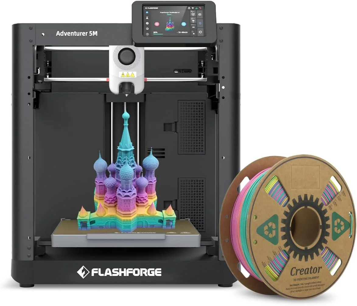 پرینتر سه بعدی فلش فورج Adventurer 5M به همراه فیلامنت اضافی ۱ کیلوگرمی HS PLA رنگین کمانی