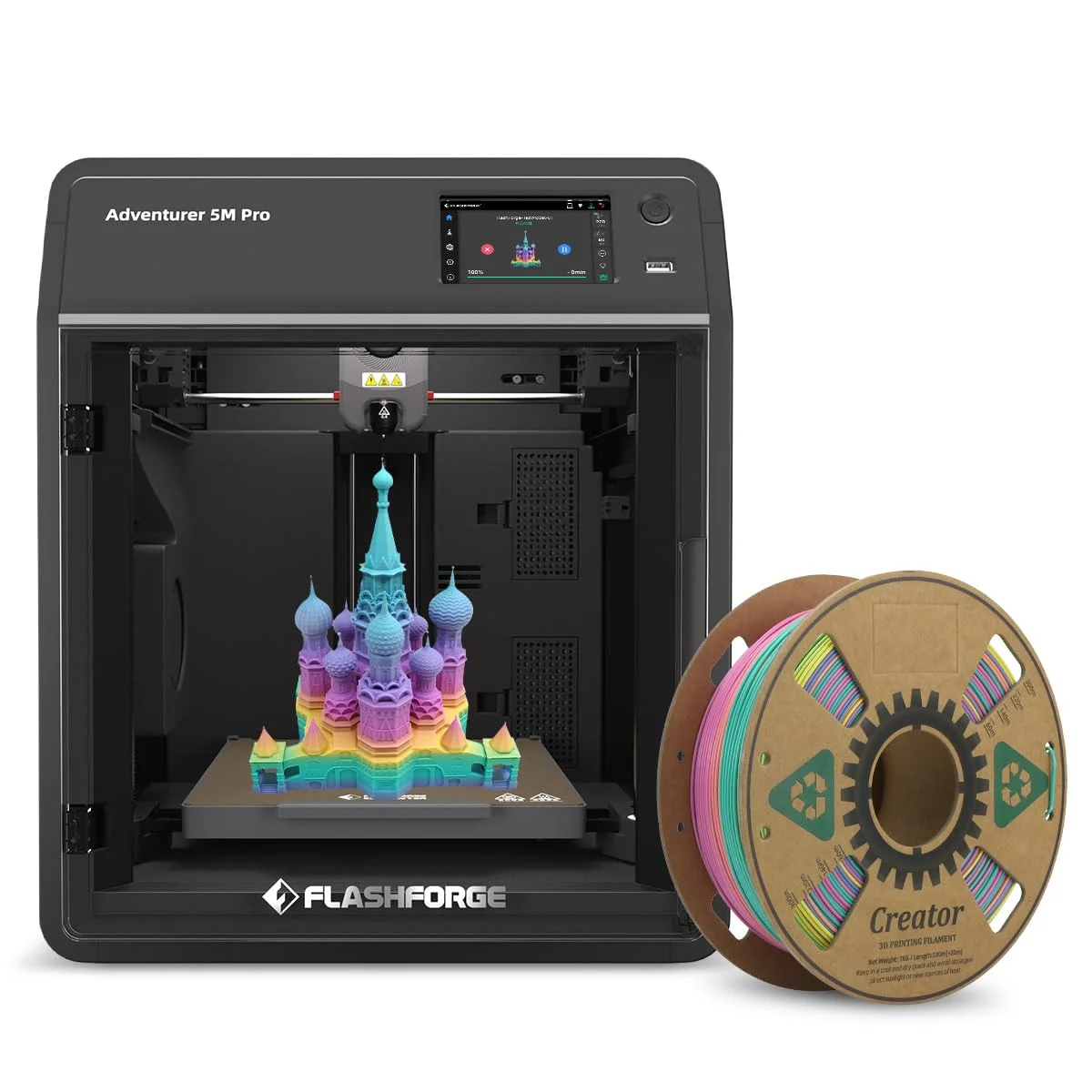 پرینتر سه بعدی فلش فورج Adventurer 5M Pro به همراه فیلامنت ۱ کیلوگرمی HS PLA رنگین کمانی