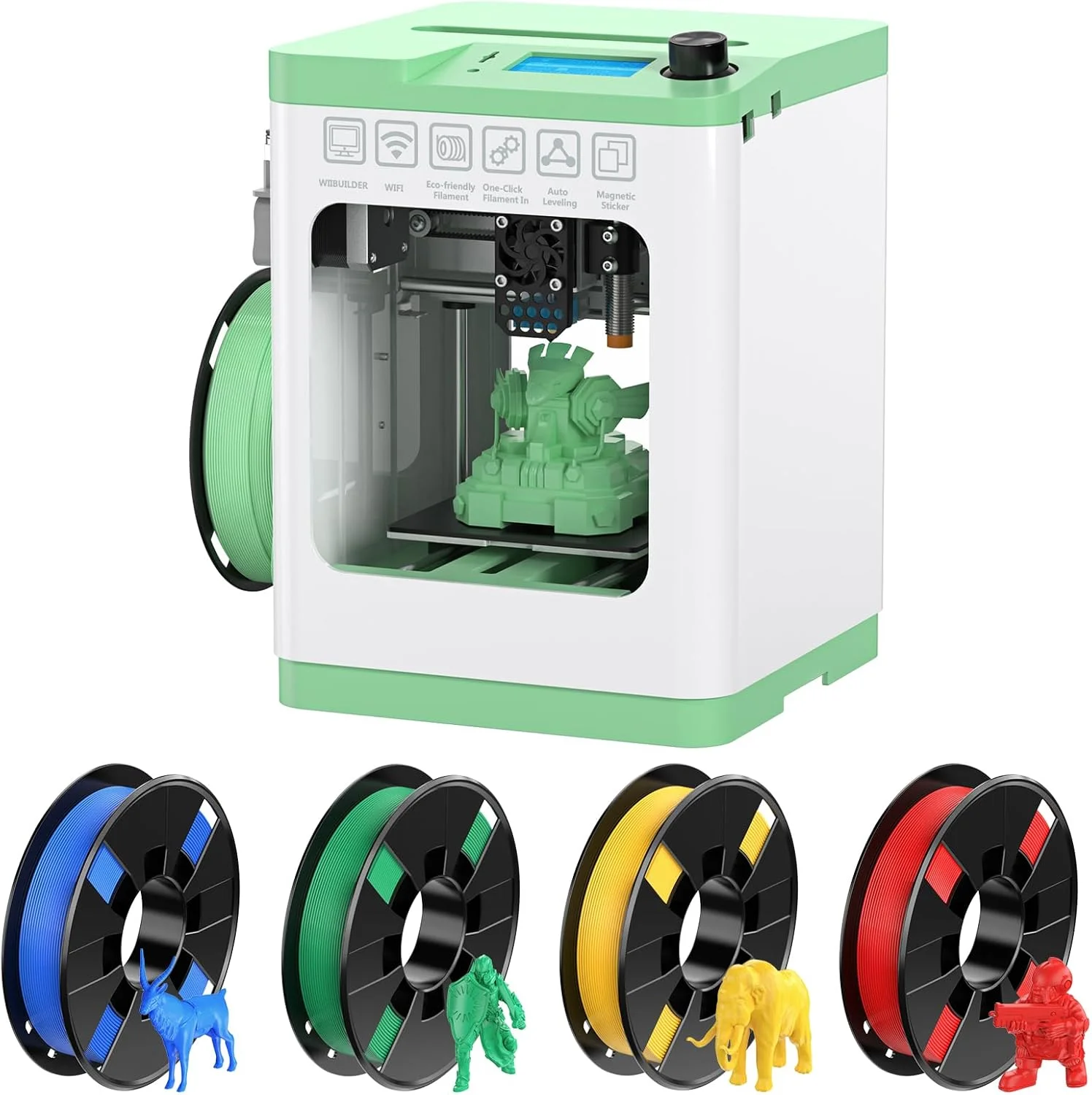 بسته پرینتر سه بعدی کوچک Entina Mini 3D مدل Tina2S V12 به همراه ۴ رنگ فیلامنت PLA (قرمز، زرد، آبی، سبز)