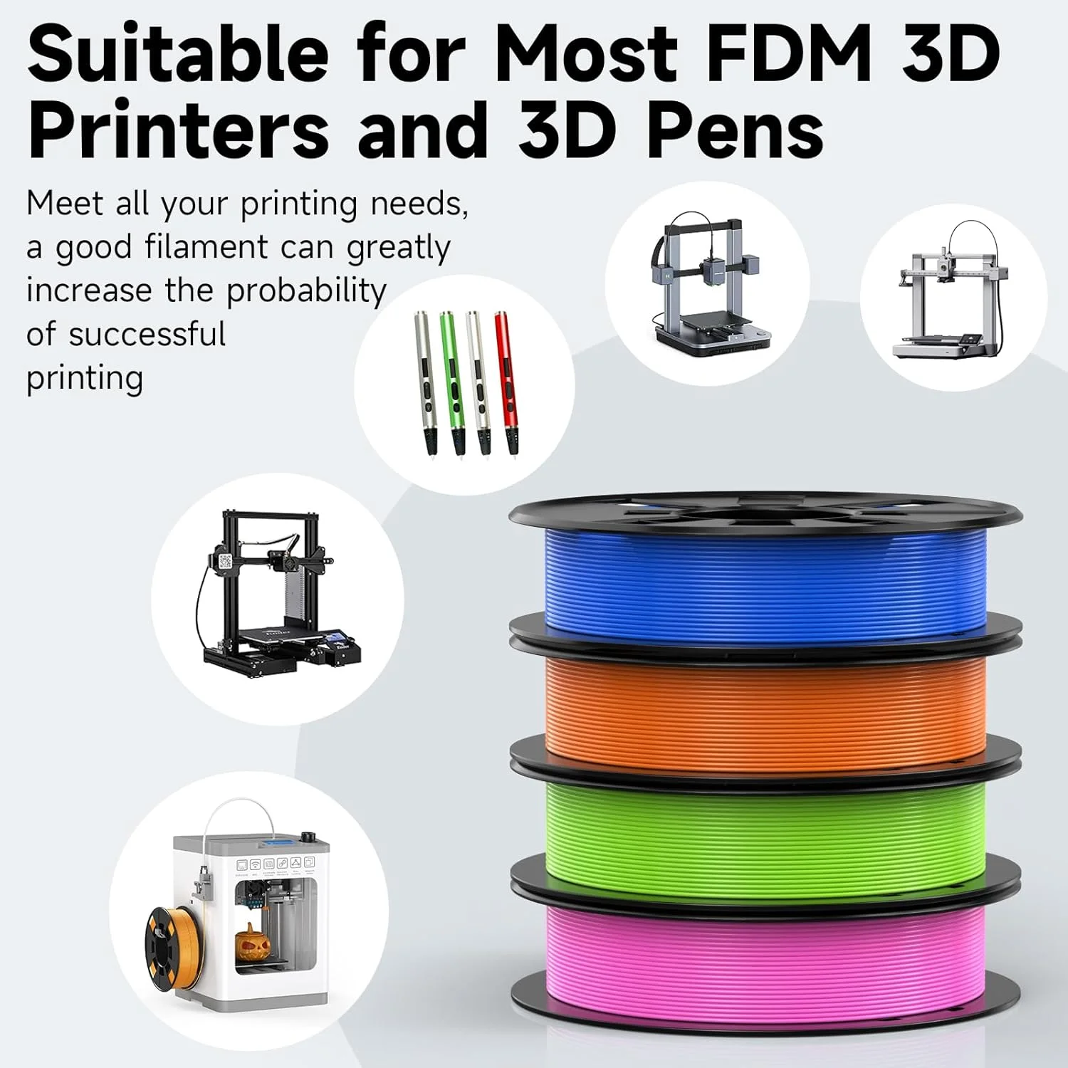 TINA2S به همراه 4 رول فیلامنت PLA 200 گرمی، 4 رول فیلامنت پرینتر سه بعدی 200 گرمی سبز روشن/نارنجی/آبی جواهر/صورتی