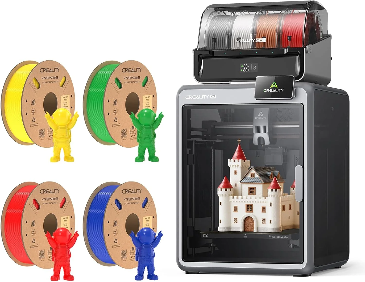 دستگاه چاپگر سه بعدی چند رنگی Creality K2 Combo به همراه CFS و فیلامنت Hyper PETG ۴ کیلوگرمی دستگاه چاپگر سه بعدی چند رنگی Creality K2 Combo به همراه CFS و فیلامنت Hyper PETG ۴ کیلوگرمی