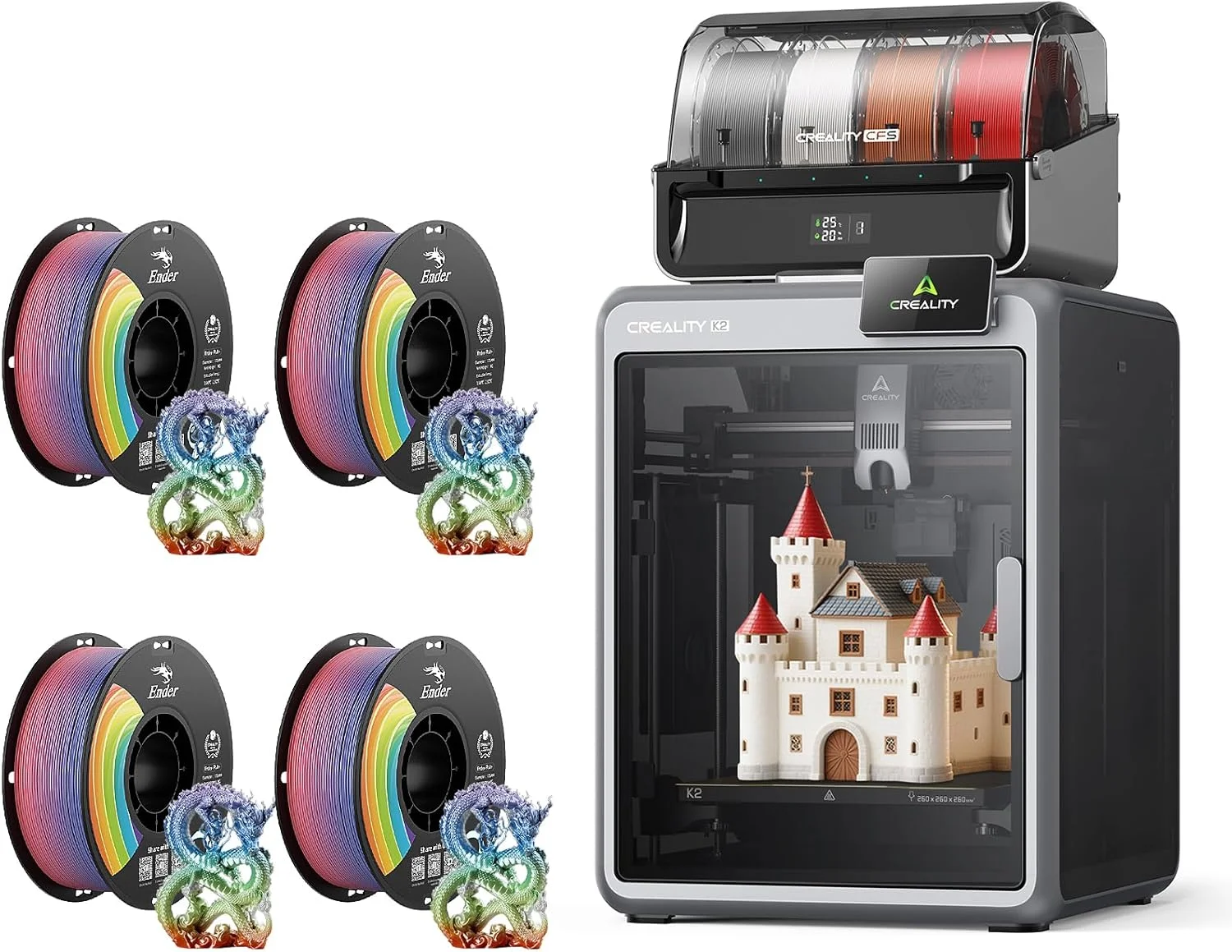 دستگاه چاپگر سه بعدی چند رنگی Creality K2 Combo به همراه CFS و 4 کیلوگرم فیلامنت PLA Plus دستگاه چاپگر سه بعدی چند رنگی Creality K2 Combo به همراه CFS و 4 کیلوگرم فیلامنت PLA Plus