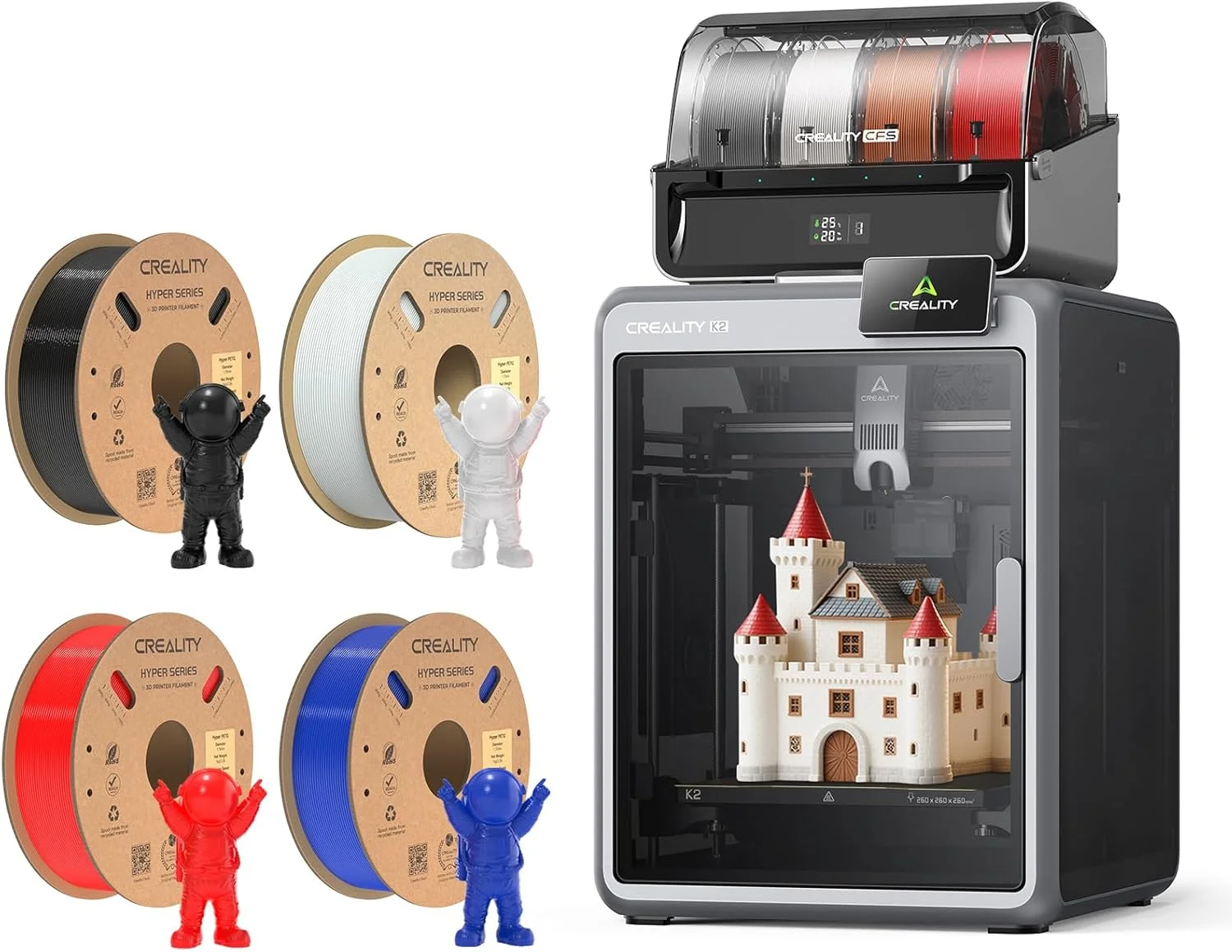 دستگاه چاپگر سه بعدی چند رنگی Creality K2 Combo به همراه CFS و فیلامنت Hyper PETG کرالیتی 4 کیلویی دستگاه چاپگر سه بعدی چند رنگی Creality K2 Combo به همراه CFS و فیلامنت Hyper PETG کرالیتی 4 کیلویی