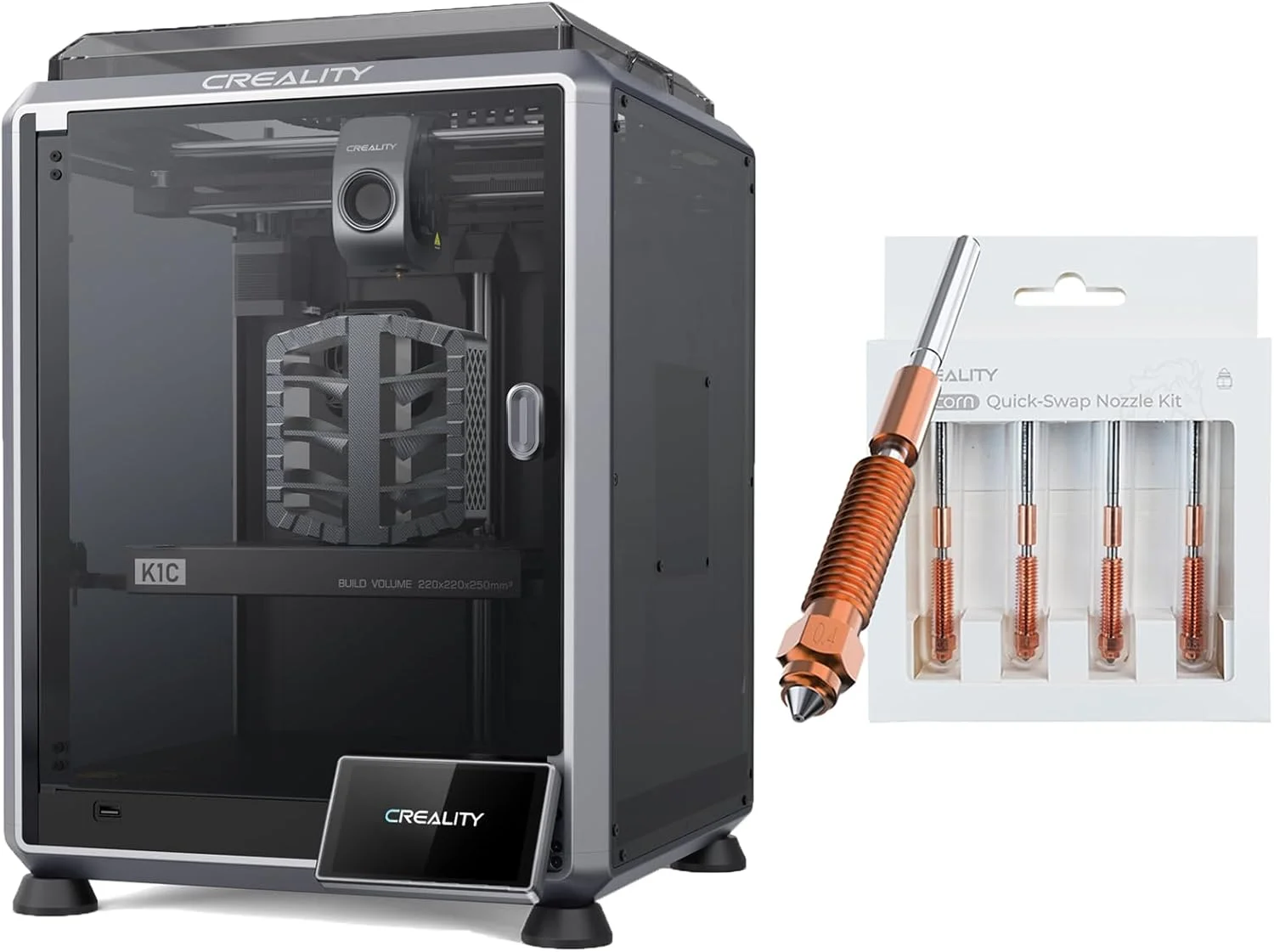 پرینتر سه بعدی Creality K1C به همراه بسته نازل تعویض سریع Unicorn در اندازه های 0.4mm، 0.6mm، 0.8mm (4 عدد) پرینتر سه بعدی Creality K1C به همراه بسته نازل تعویض سریع Unicorn در اندازه های 0.4mm، 0.6mm، 0.8mm (4 عدد)