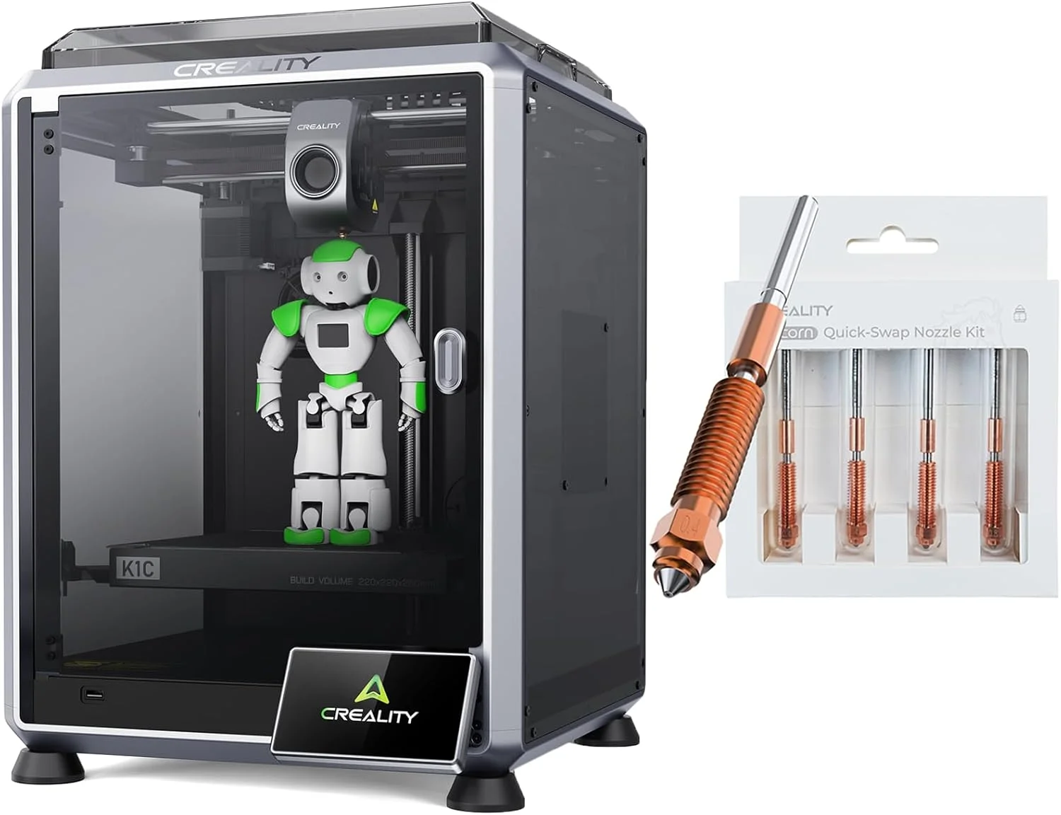 پرینتر سه بعدی کرالیتی K1C، بسته چاپ با سرعت بالای 600 میلی‌متر بر ثانیه به همراه کیت نازل K1C 4 عددی، کیت نازل تعویض سریع با جریان بالا