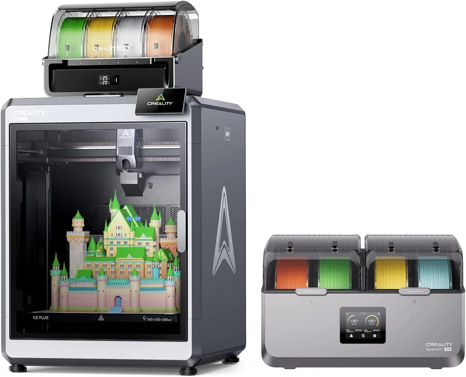 دستگاه چاپ سه بعدی Creality K2 Plus Combo، بسته چاپ چند رنگی به همراه جعبه خشک کن فیلامنت Space Pi X4، انبار 4 حلقه ای فیلامنت چاپگر سه بعدی