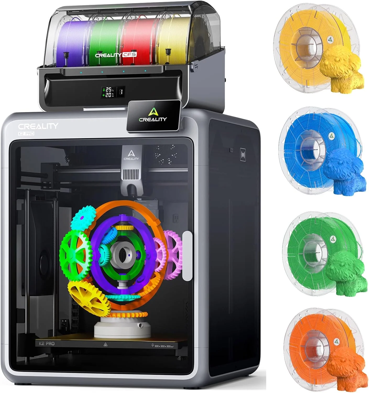 پرینتر سه بعدی Creality K2 Pro Combo (A)، بسته چاپ چند رنگ با پشتیبانی از فیلامنت Hyper RFID PLA CFS (زرد، سبز، نارنجی و آبی)