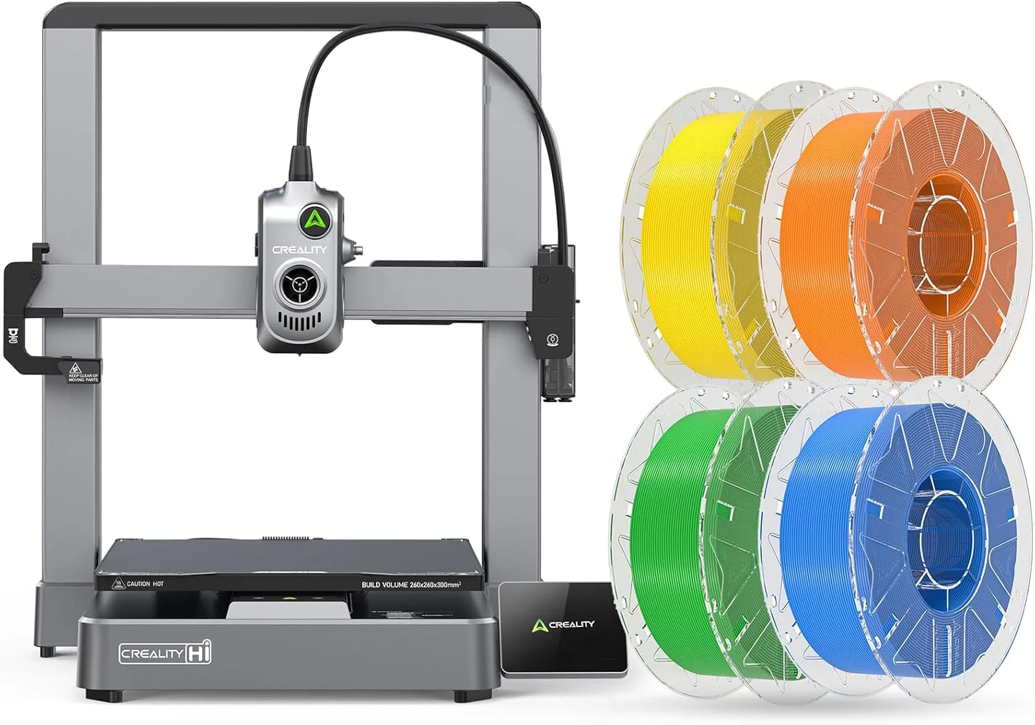 پرینتر سه بعدی Creality Hi با سرعت چاپ بالا 500mm/s، همراه با فیلامنت Hyper RFID PLA 4KG (آبی، زرد، نارنجی، سبز)