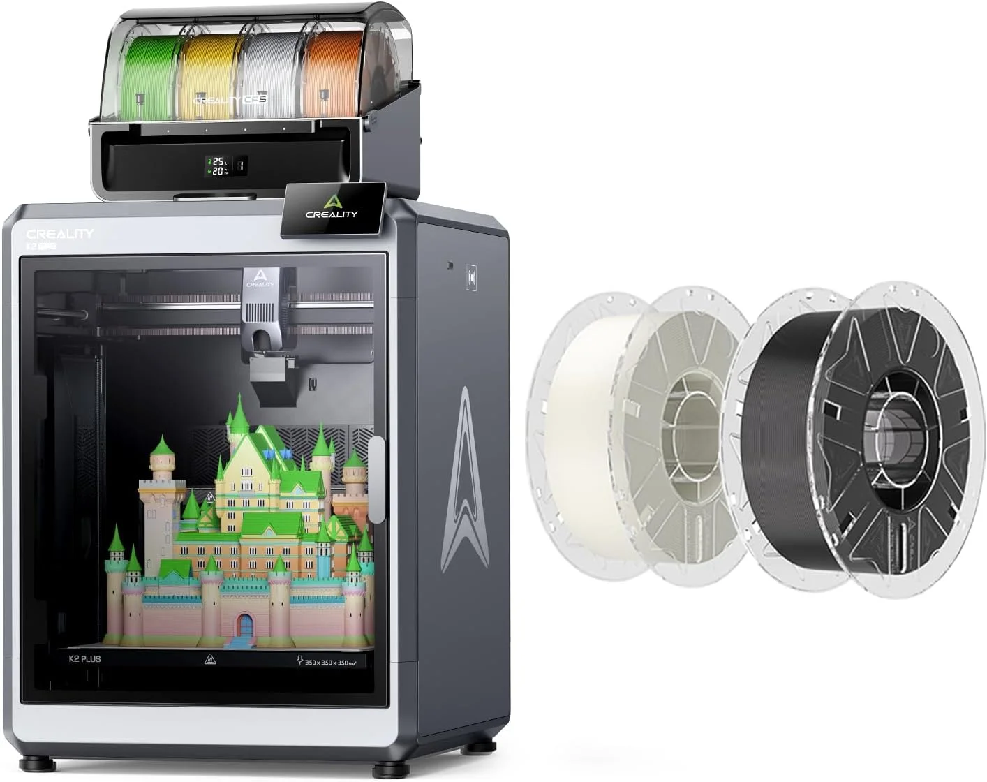 پرینتر سه بعدی Creality K2 Plus Combo، چاپ چند رنگ با بسته نرم افزاری CFS جدید به همراه فیلامنت Hyper RFID PLA 1.75mm 2Kg (سیاه و سفید)