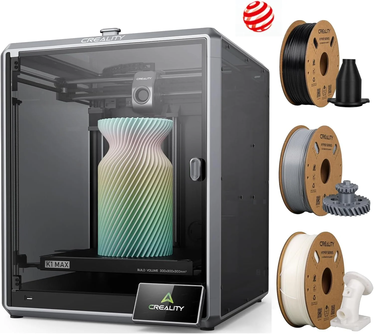 پرینتر سه بعدی Creality K1 Max، بسته پرینترهای سه بعدی با حداکثر سرعت 600 میلی متر بر ثانیه به همراه فیلامنت ABS با سرعت بالا Creality مشکی، خاکستری، سفید