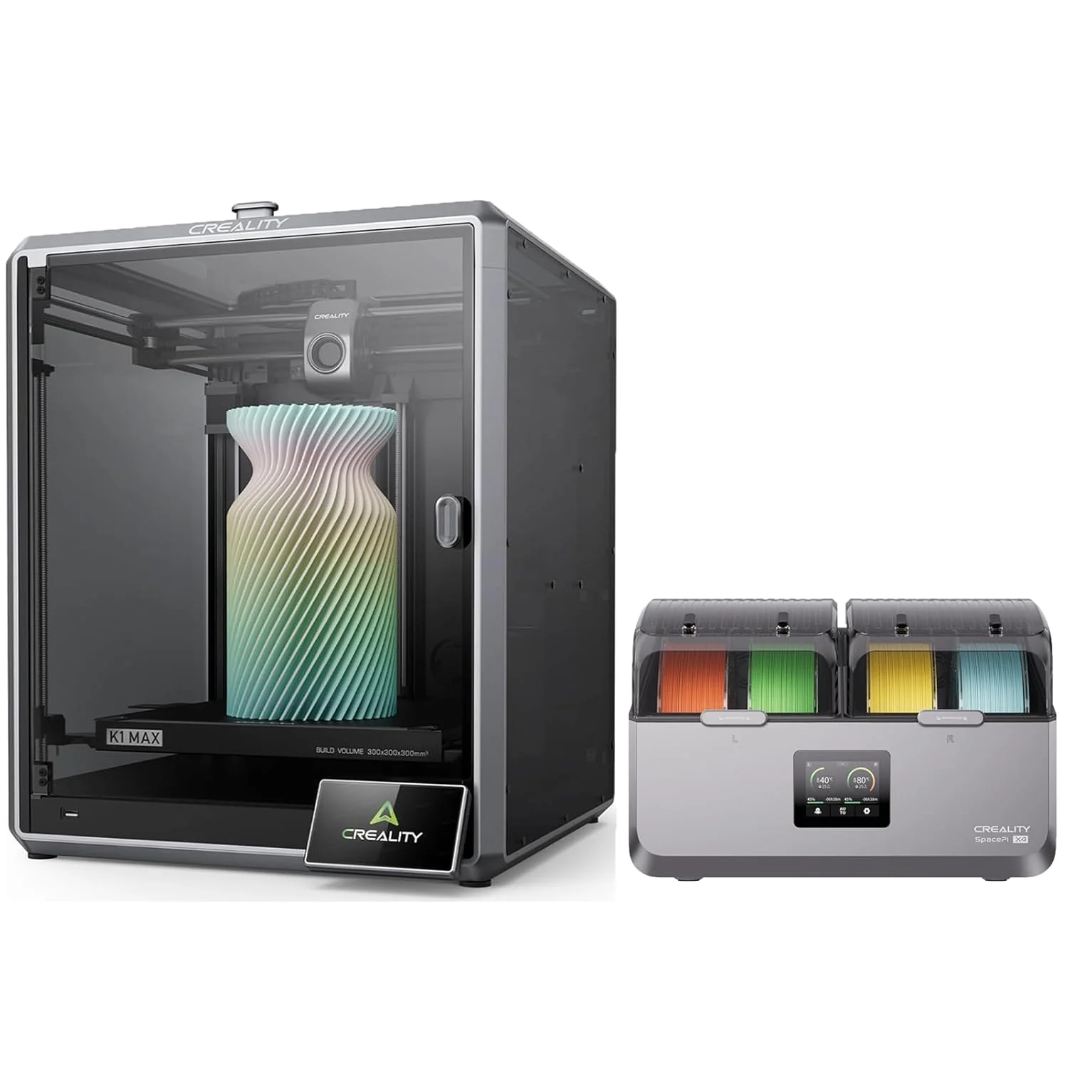 دستگاه چاپ سه بعدی Creality K1 Max، بسته چاپگرهای سه بعدی با سرعت بالا 600 میلی‌متر بر ثانیه به همراه جعبه خشک‌کننده فیلامنت Space Pi X4، انبار 4 قرقره‌ای فیلامنت چاپگر سه بعدی