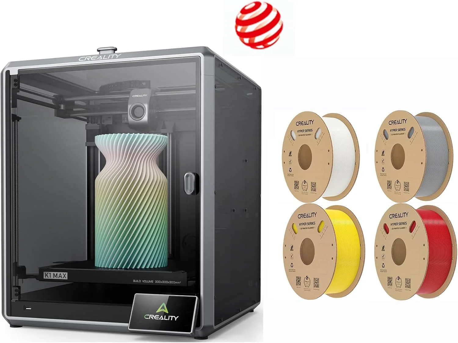 پرینتر سه بعدی کرالیتی K1 Max، بسته پرینترهای سه بعدی با حداکثر سرعت 600 میلی متر بر ثانیه به همراه فیلامنت PETG سرعت بالا کرالیتی سفید، خاکستری، قرمز، زرد
