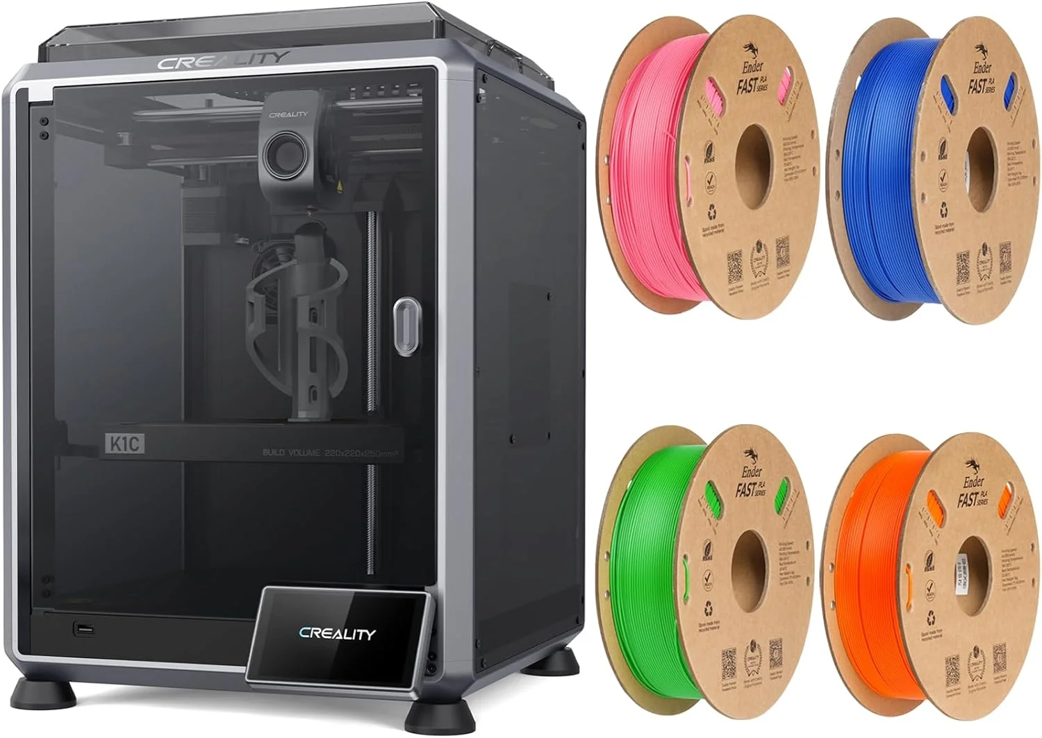 پرینتر سه بعدی کرالیتی K1C، سرعت بالای 600 میلی‌متر بر ثانیه، همراه با بسته فیلامنت PLA سریع Ender 4 کیلوگرمی (سبز، نارنجی، آبی و صورتی)