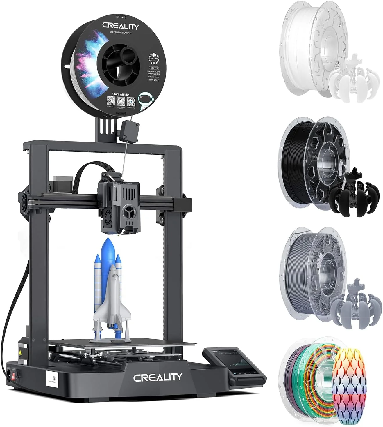 بسته پرینتر سه بعدی کرالیتی Ender 3 V3 KE به همراه فیلامنت PLA کرالیتی 1.75mm PLA سفید، PLA مشکی، PLA خاکستری، PLA رنگین کمانی، فیلامنت پرینت سه بعدی 1 کیلوگرم X 4 قرقره