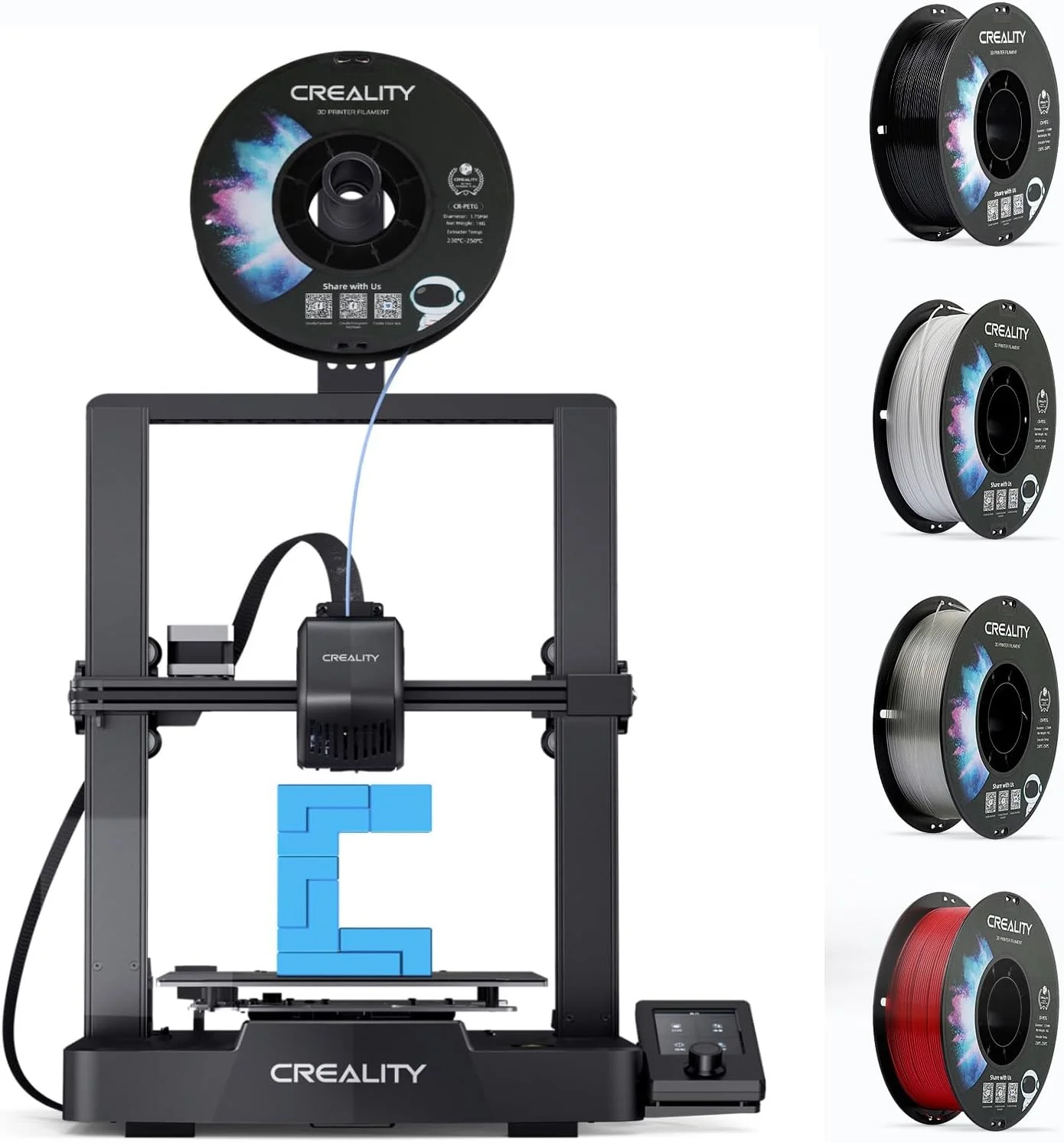 پرینتر سه بعدی کرالیتی Ender 3 V3 SE، همراه با بسته فیلامنت PETG کرالیتی 1.75mm PETG سفید، مشکی، شفاف، قرمز، فیلامنت چاپ سه بعدی 1 کیلوگرم X 4 قرقره