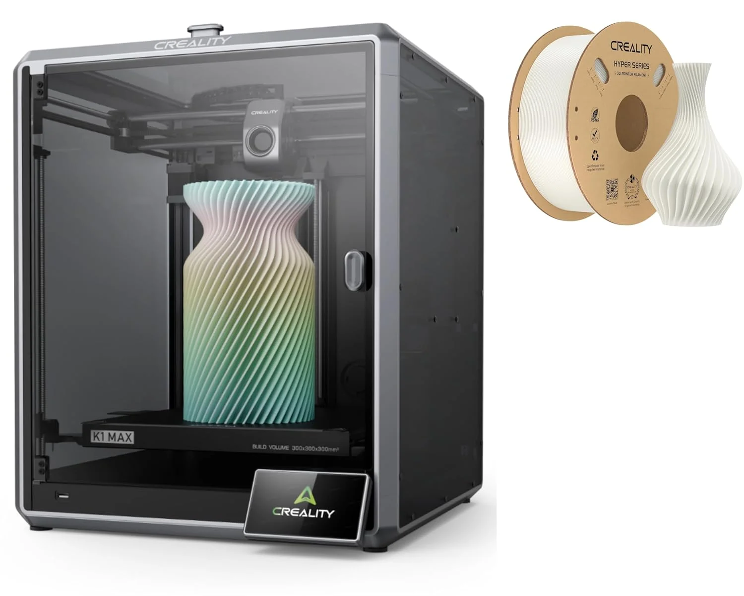 پرینتر سه بعدی Creality K1 Max، بسته نرم افزاری پرینترهای سه بعدی با حداکثر سرعت 600 میلی متر بر ثانیه به همراه فیلامنت PLA سفید با سرعت بالا Creality