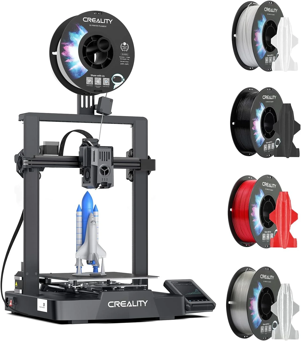 بسته پرینتر سه بعدی Creality Ender 3 V3 KE به همراه فیلامنت PETG کرالیتی 1.75mm PETG سفید، PETG مشکی، PETG قرمز، PETG شفاف، فیلامنت پرینت سه بعدی 1 کیلوگرم X 4 قرقره