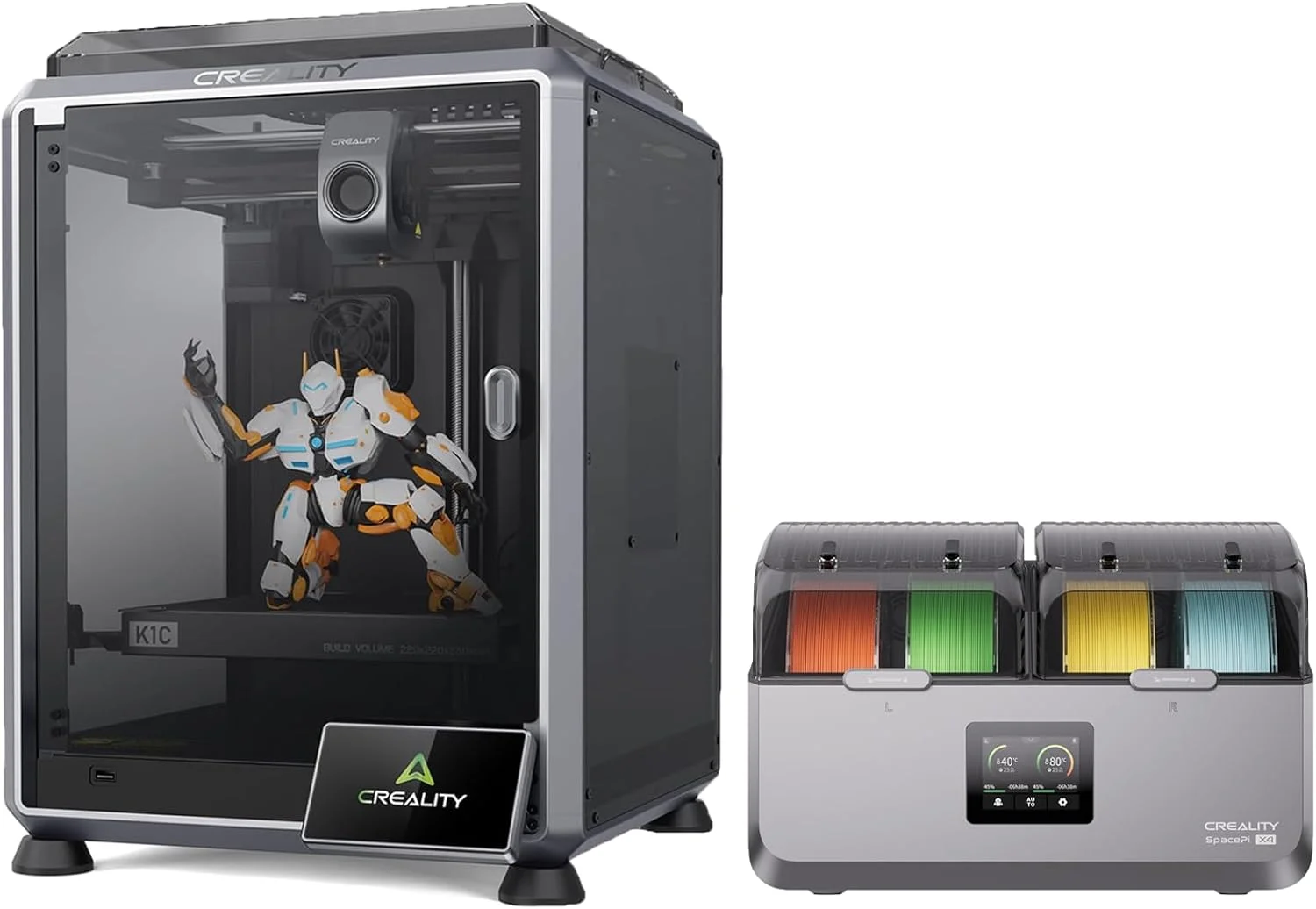 پرینتر سه بعدی Creality K1C، سرعت بالای 600 میلی‌متر بر ثانیه، همراه با جعبه خشک‌کن فیلامنت Space Pi X4، محفظه نگهداری 4 قرقره فیلامنت پرینتر سه بعدی
