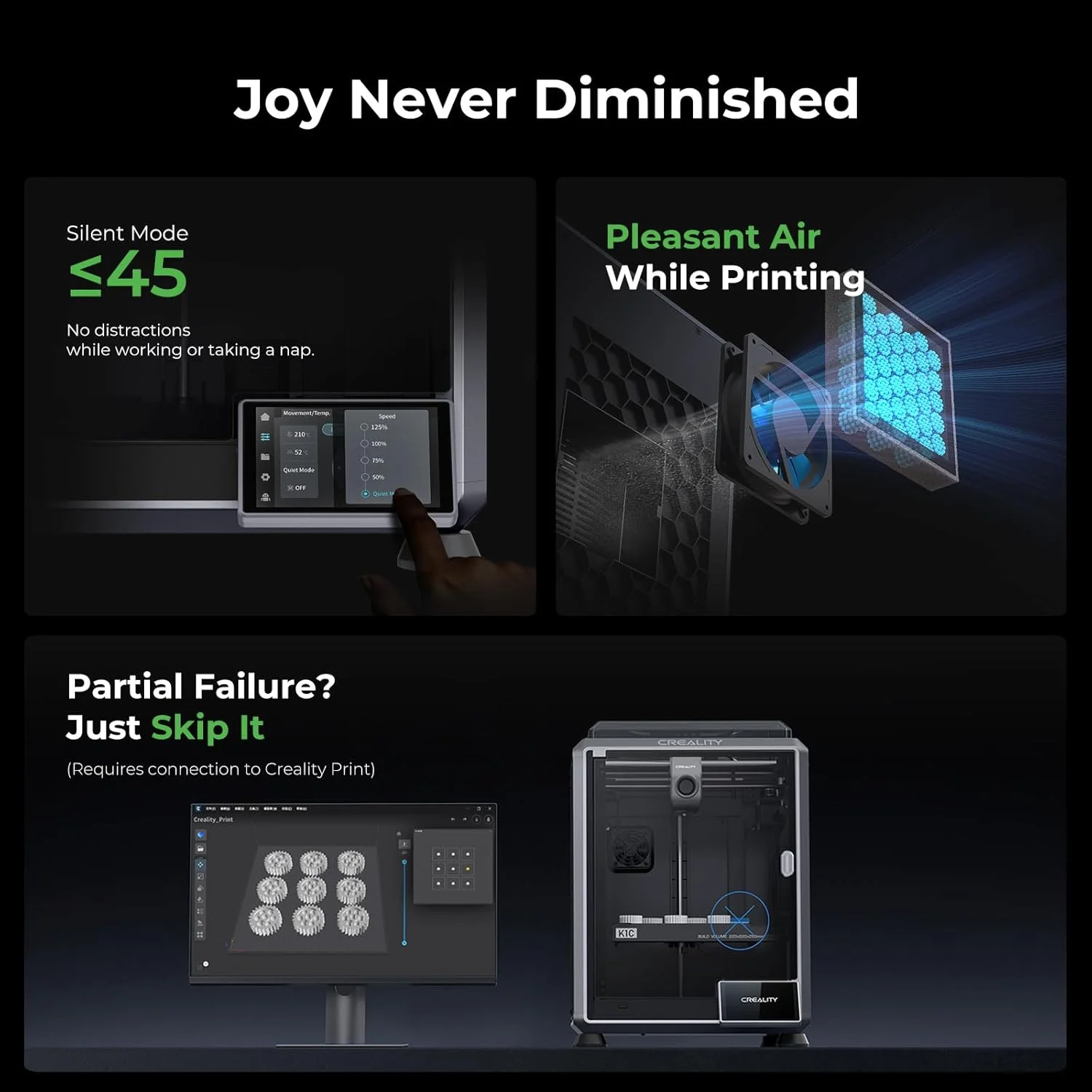 پرینتر سه بعدی Creality K1C، سرعت بالای 600 میلی‌متر بر ثانیه، همراه با جعبه خشک‌کن فیلامنت Space Pi X4، محفظه نگهداری 4 قرقره فیلامنت پرینتر سه بعدی