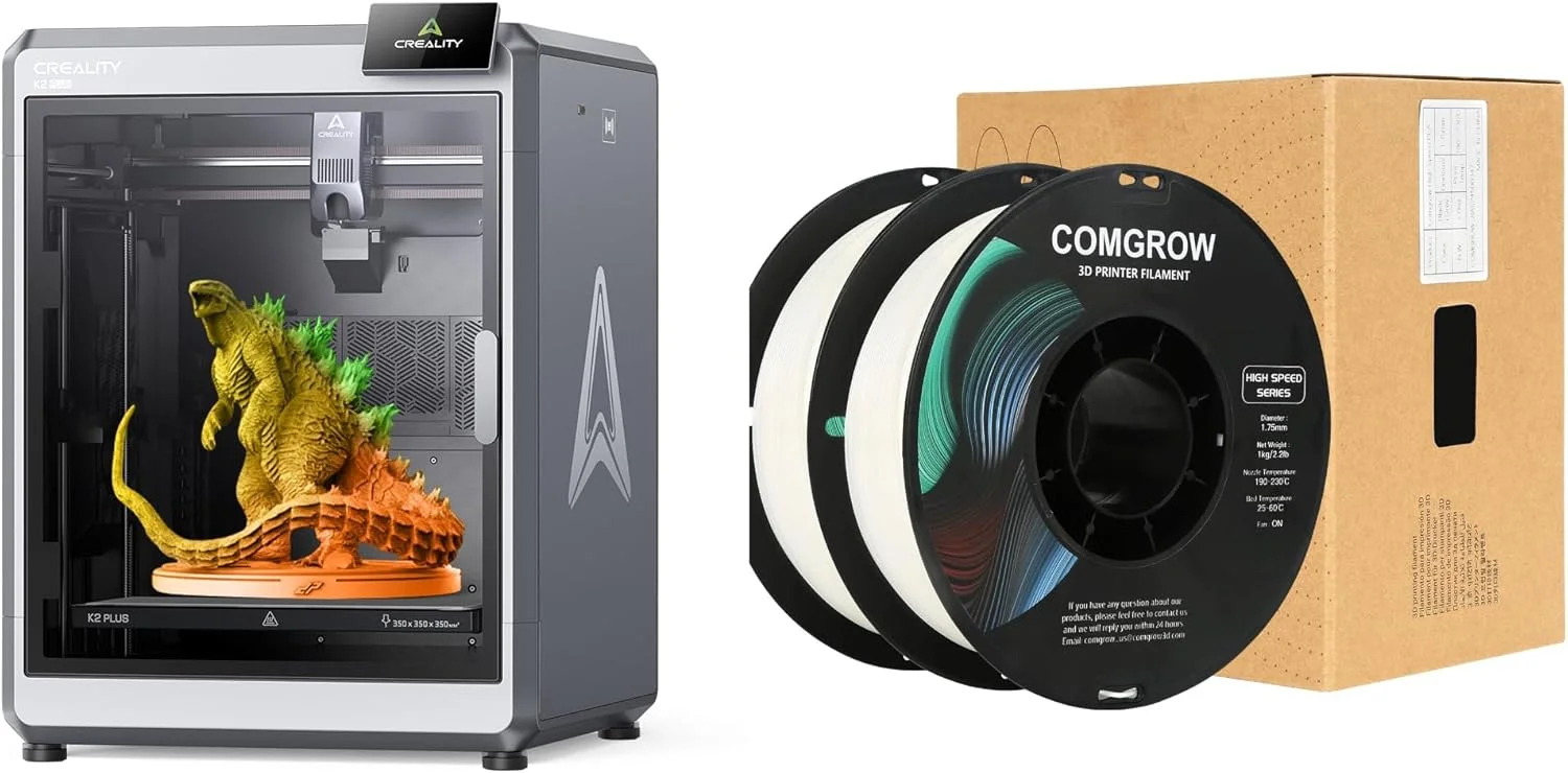پرینتر سه بعدی کرالیتی K2 Plus و دو بسته فیلامنت PLA سریع Comgrow، هر بسته 2 کیلوگرم، سفید