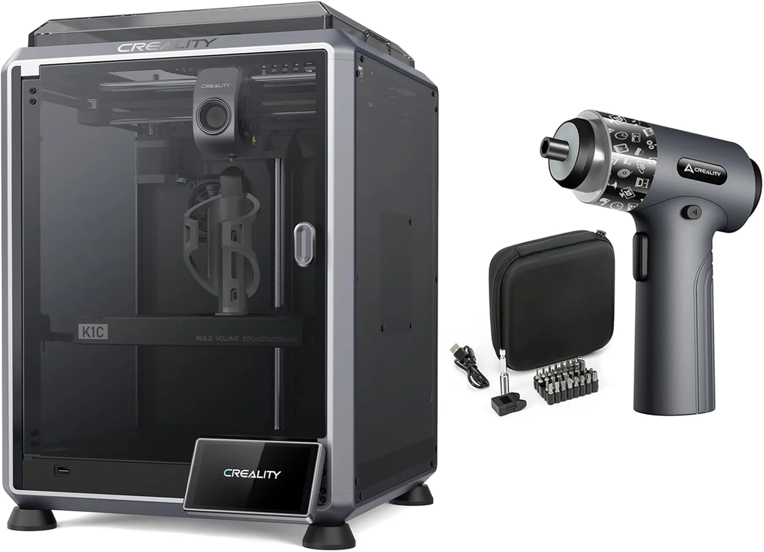 بسته پرینتر سه بعدی Creality K1C به همراه پیچ گوشتی برقی، میله ای بی سیم 3.7 ولتی با 32 عدد سری پیچ گوشتی فولادی CRV