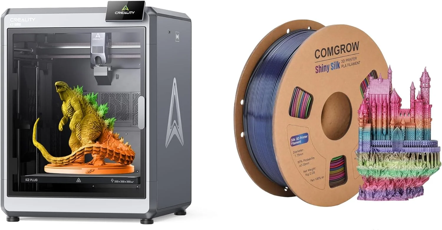 دستگاه چاپ سه بعدی Creality K2 Plus و فیلامنت PLA ابریشمی رنگین کمانی Comgrow با رنگ قرمز ابریشمی براق