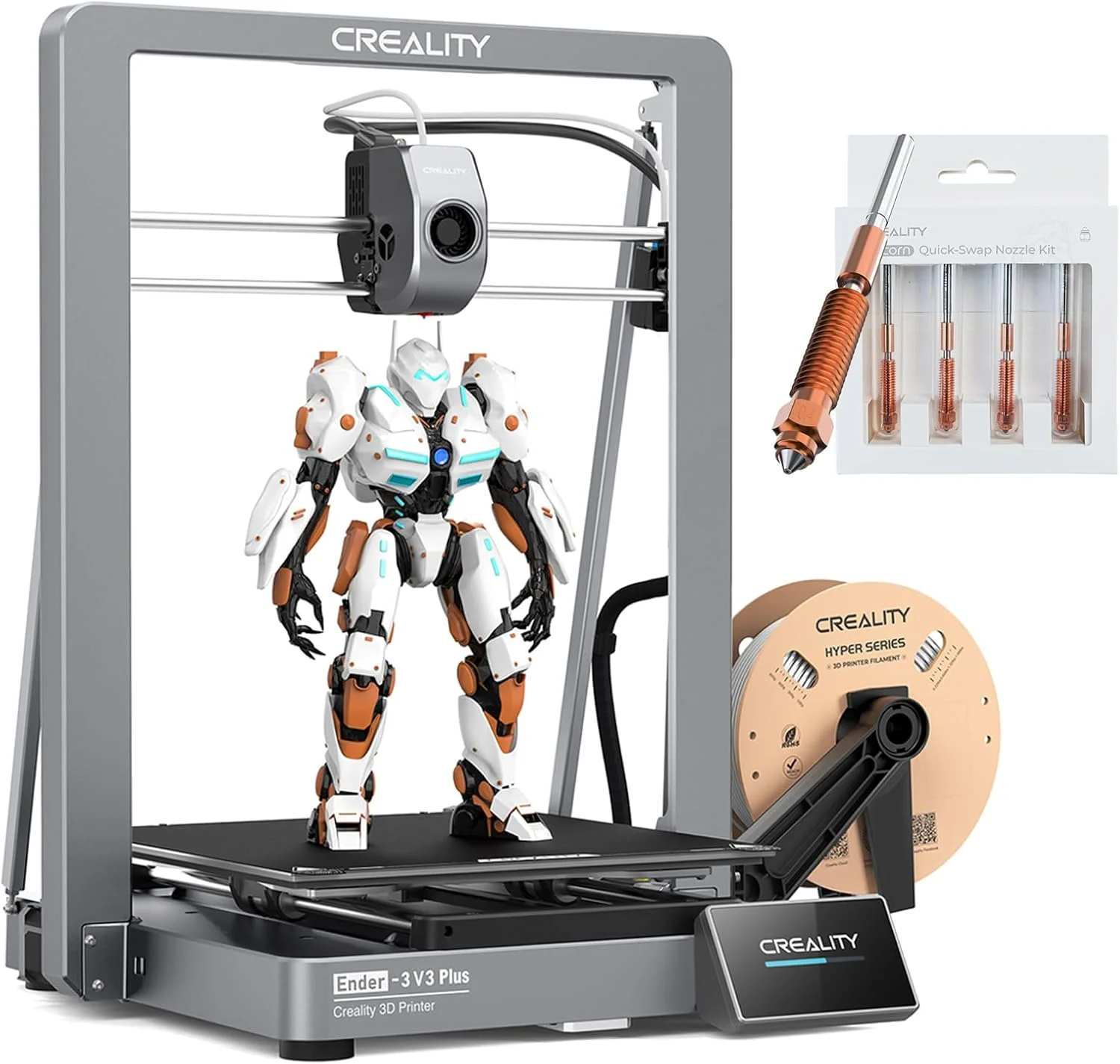 دستگاه چاپ سه بعدی Creality Ender 3 V3 Plus به همراه کیت نازل تعویض سریع تکشاخ Ender 3 V3 Plus (چهار عددی)