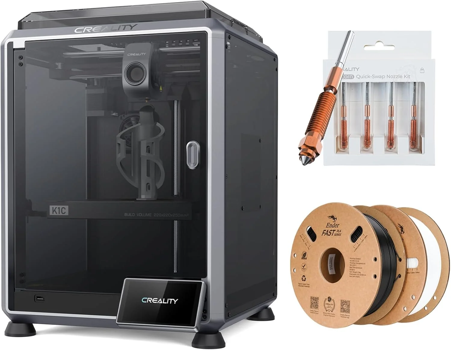 پرینتر سه بعدی کرالیتی K1C، بسته پرینتر با سرعت بالای 600 میلی متر بر ثانیه به همراه کیت نازل تعویض سریع و فیلامنت PLA با سرعت بالا 2 کیلوگرم (سیاه و سفید)