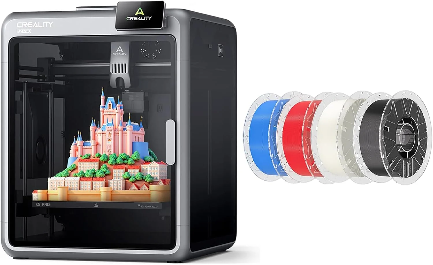 بسته پرینتر سه بعدی Creality K2 Pro به همراه فیلامنت سه بعدی Hyper RFID (1 مشکی + 1 سفید + 1 قرمز + 1 آبی)