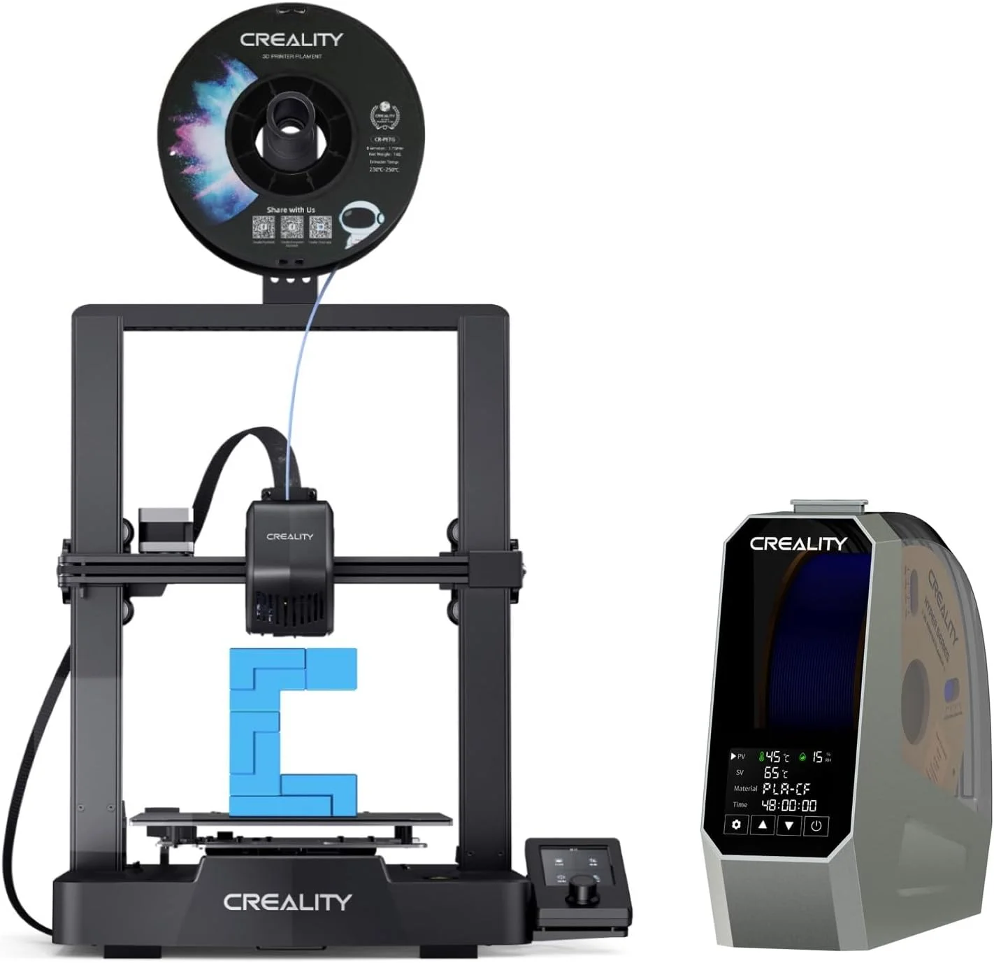پرینتر سه بعدی Creality Ender 3 V3 SE، همراه با جعبه خشک کن فیلامنت Creality Space Pi، فن و صفحه لمسی، نگهدارنده قرقره فیلامنت پرینتر سه بعدی