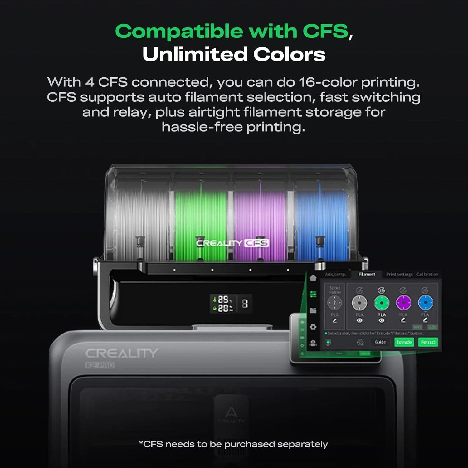 بسته پرینتر سه بعدی Creality K2 Pro به همراه فیلامنت سه بعدی Hyper RFID (1 مشکی + 1 سفید + 1 قرمز + 1 آبی)