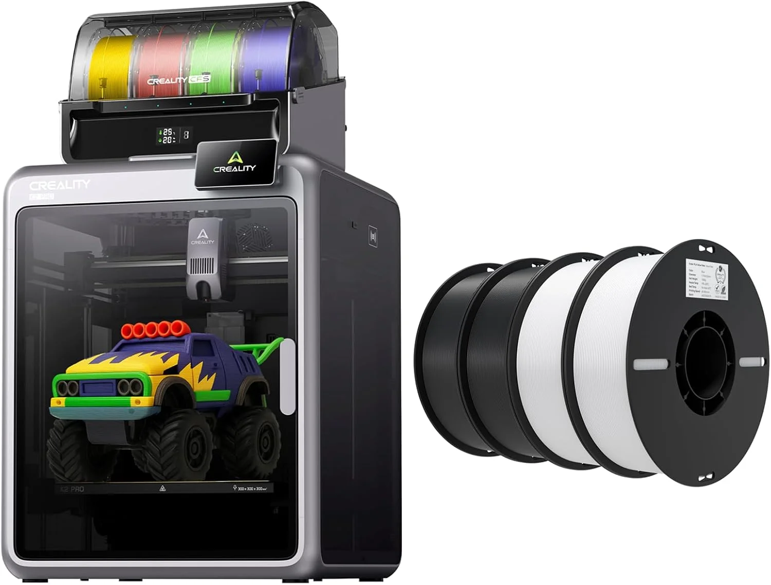 بسته پرینتر سه بعدی Creality K2 Pro Combo (A) به همراه ۴ بسته فیلامنت PLA ۱.۷۵ میلی‌متری (۲ سفید و ۲ مشکی)