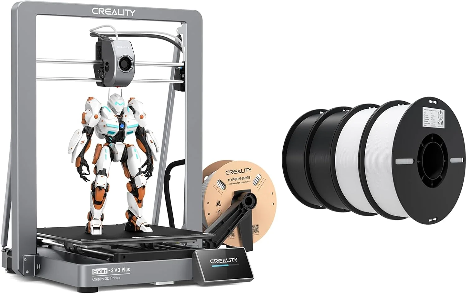 بسته پرینتر سه بعدی Creality Ender 3 V3 Plus به همراه 4 بسته فیلامنت PLA 1.75mm (2 سفید و 2 مشکی)