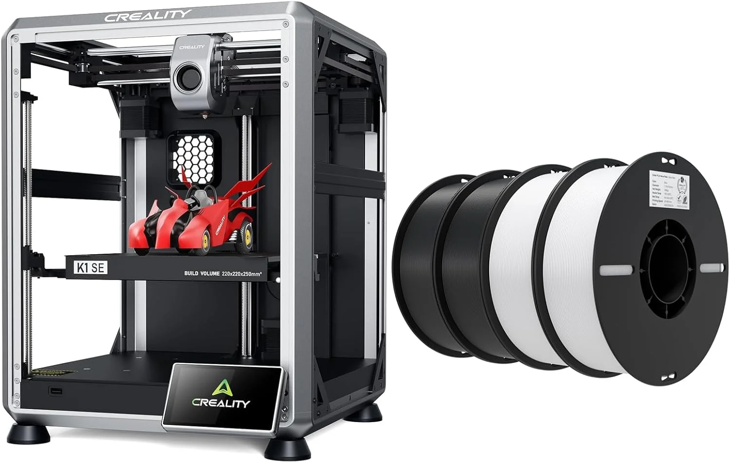 بسته پرینتر سه بعدی Creality K1 SE همراه با فیلامنت PLA 1.75mm بسته 4 عددی (2 مشکی و 2 سفید)