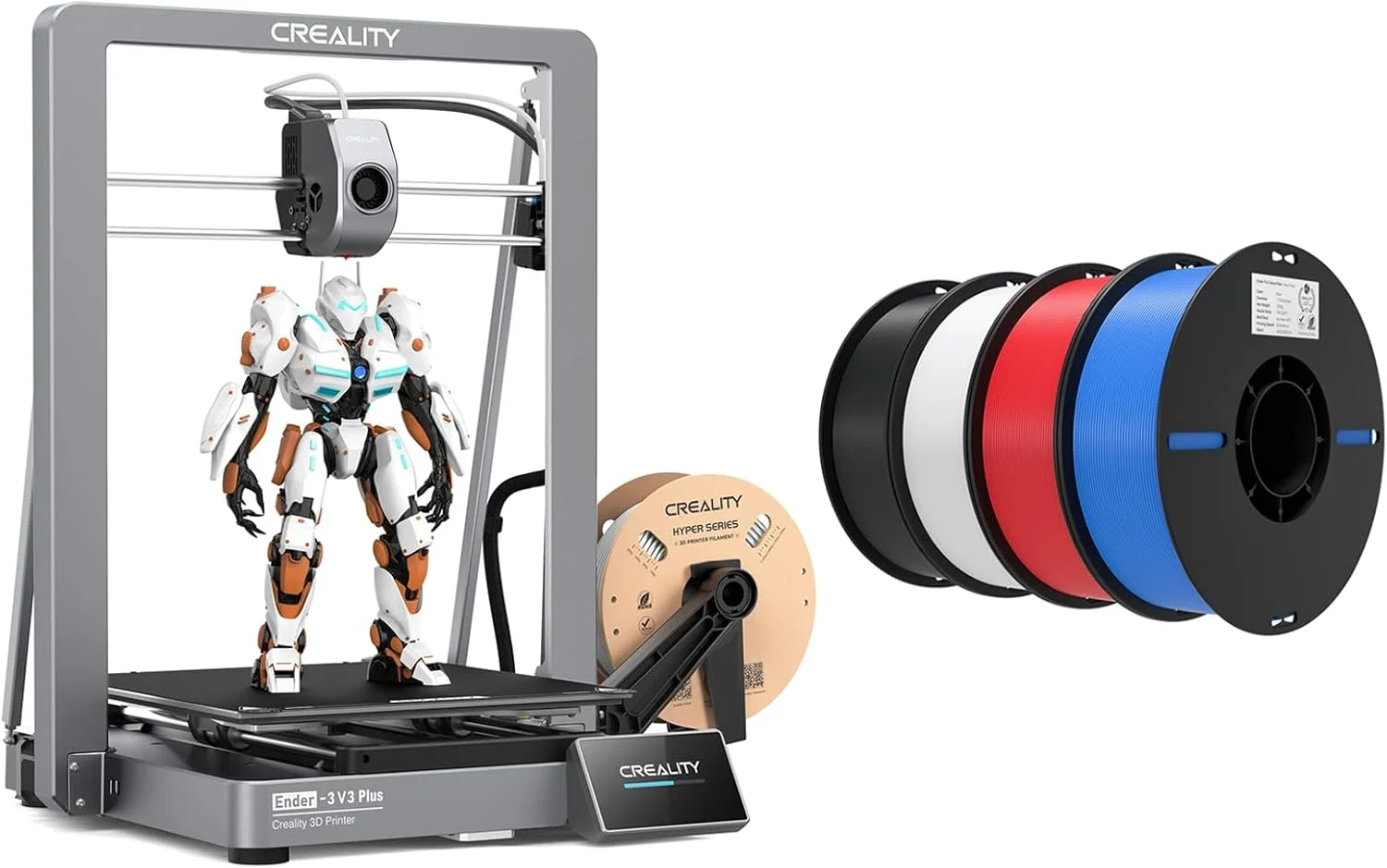 بسته پرینتر سه بعدی Creality Ender 3 V3 Plus به همراه 4 بسته فیلامنت PLA 1.75mm (1 مشکی + 1 سفید + 1 قرمز + 1 آبی)
