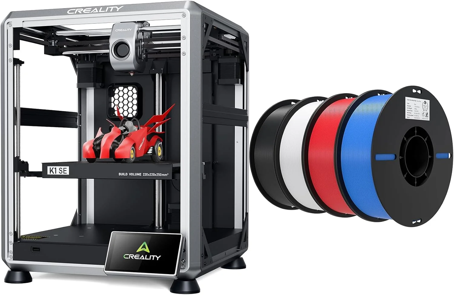 بسته پرینتر سه بعدی Creality K1 SE به همراه 4 بسته فیلامنت PLA 1.75mm (1 مشکی + 1 سفید + 1 قرمز + 1 آبی)