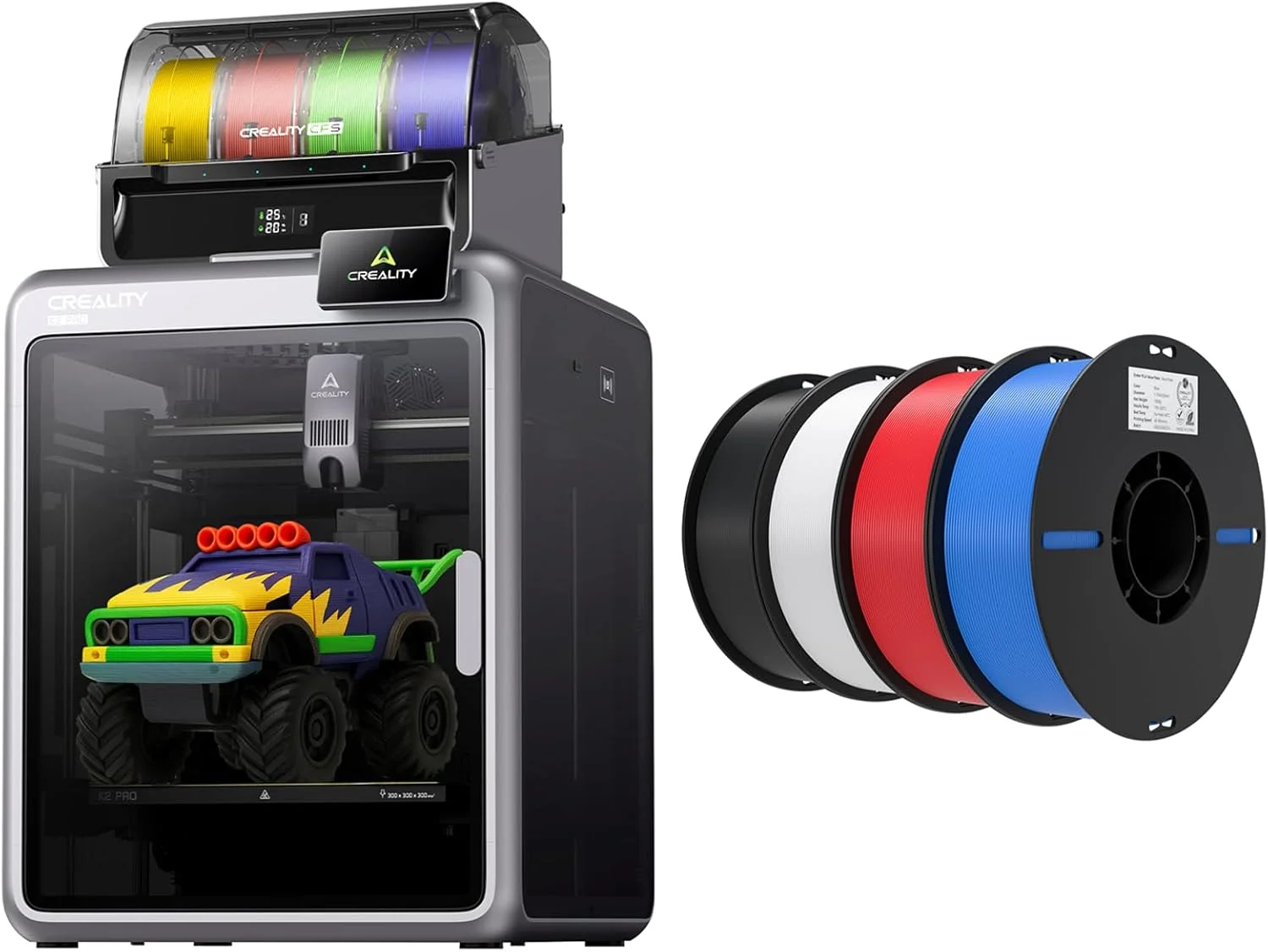 بسته پرینتر سه بعدی Creality K2 Pro Combo (A) به همراه 4 بسته فیلامنت PLA 1.75mm (1 مشکی + 1 سفید + 1 قرمز + 1 آبی)
