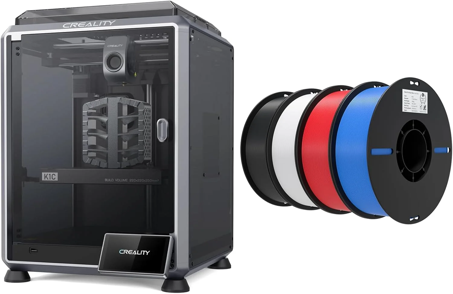 بسته پرینتر سه بعدی Creality K1C به همراه ۴ بسته فیلامنت PLA 1.75mm (۱ مشکی + ۱ سفید + ۱ قرمز + ۱ آبی)