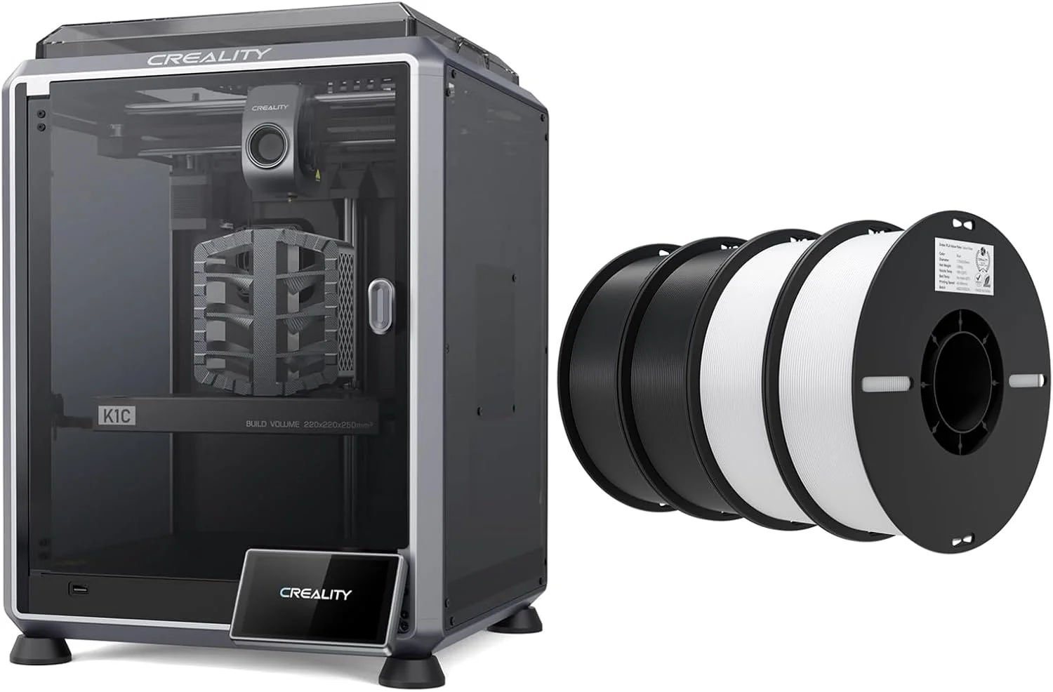 بسته پرینتر سه بعدی Creality K1C به همراه 4 بسته فیلامنت PLA 1.75mm (2 سفید و 2 مشکی)