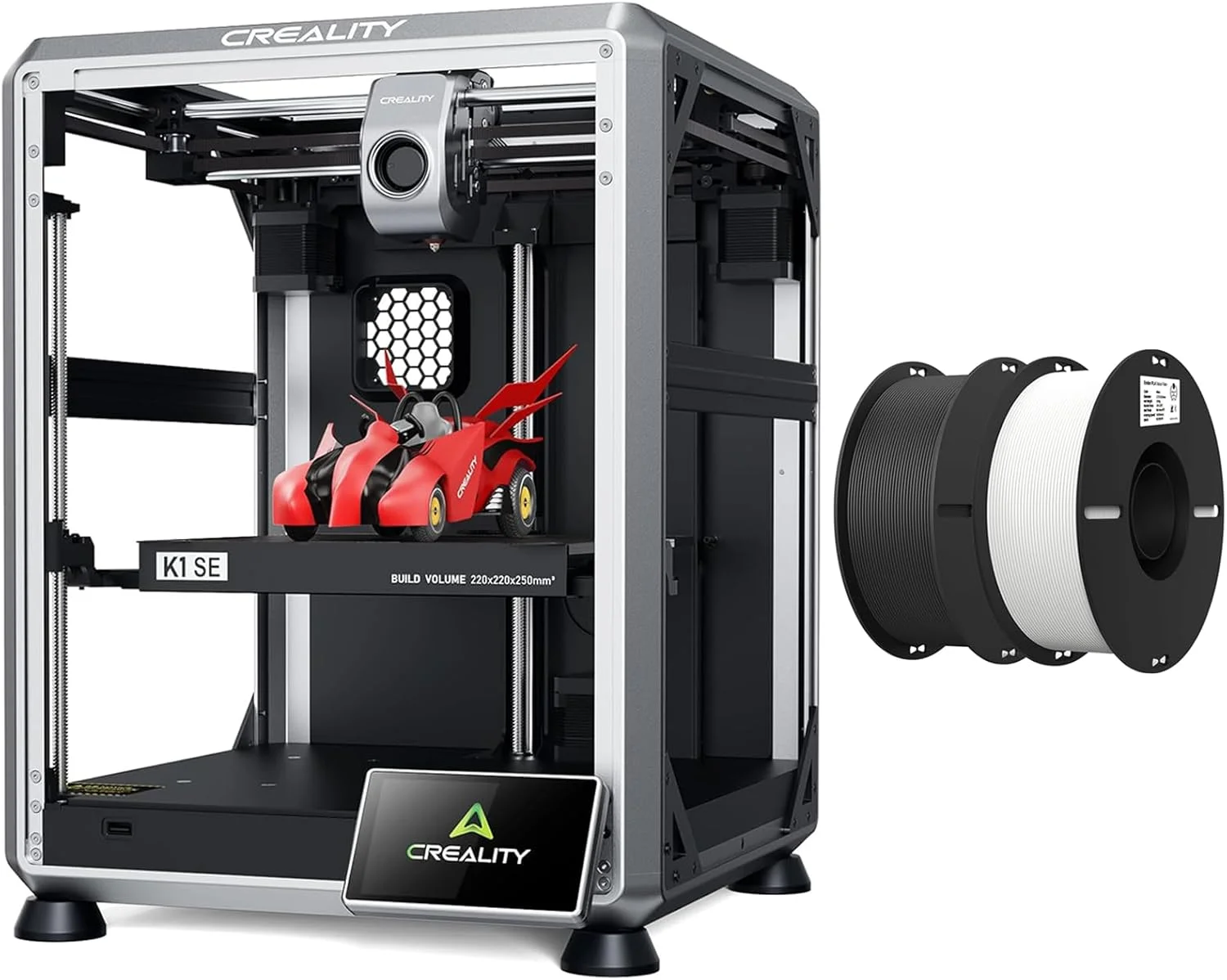 بسته پرینتر سه بعدی کرالیتی K1 SE به همراه 2 کیلوگرم فیلامنت PLA 1.75mm مشکی و سفید