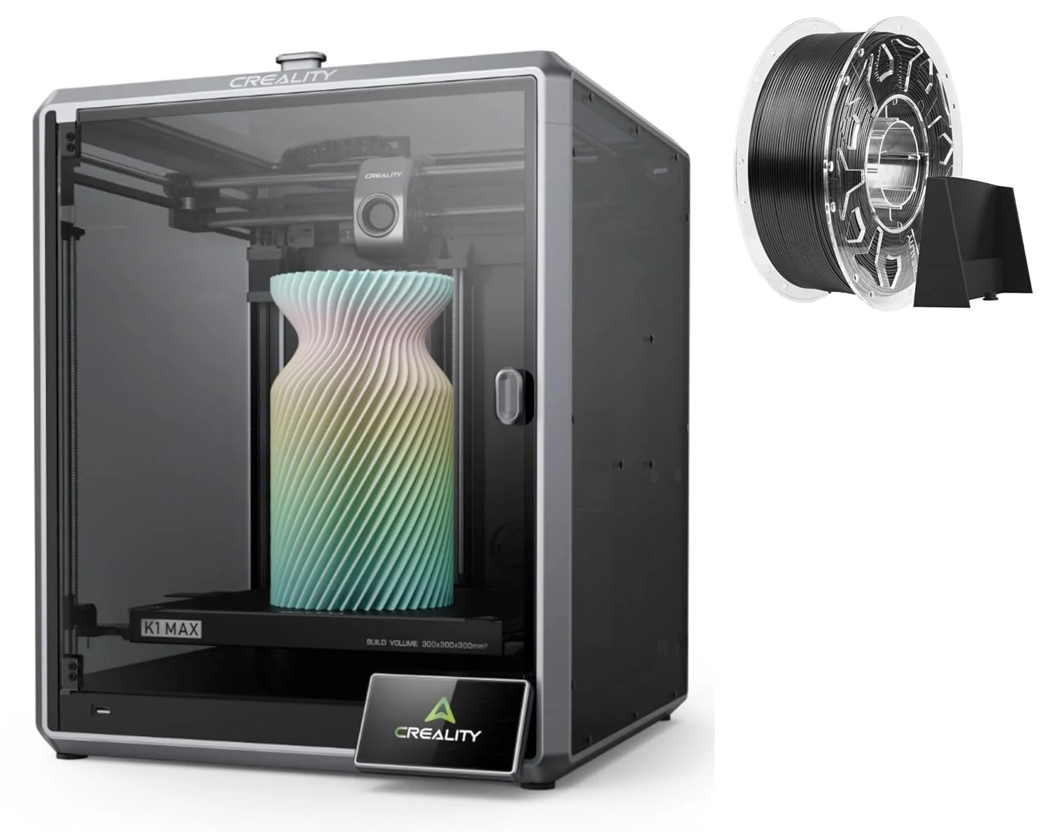 دستگاه چاپ سه بعدی کرالیتی K1 Max، سرعت حداکثر 600 میلی متر بر ثانیه، همراه با فیلامنت ASA کرالیتی 1.75 میلی متر مشکی