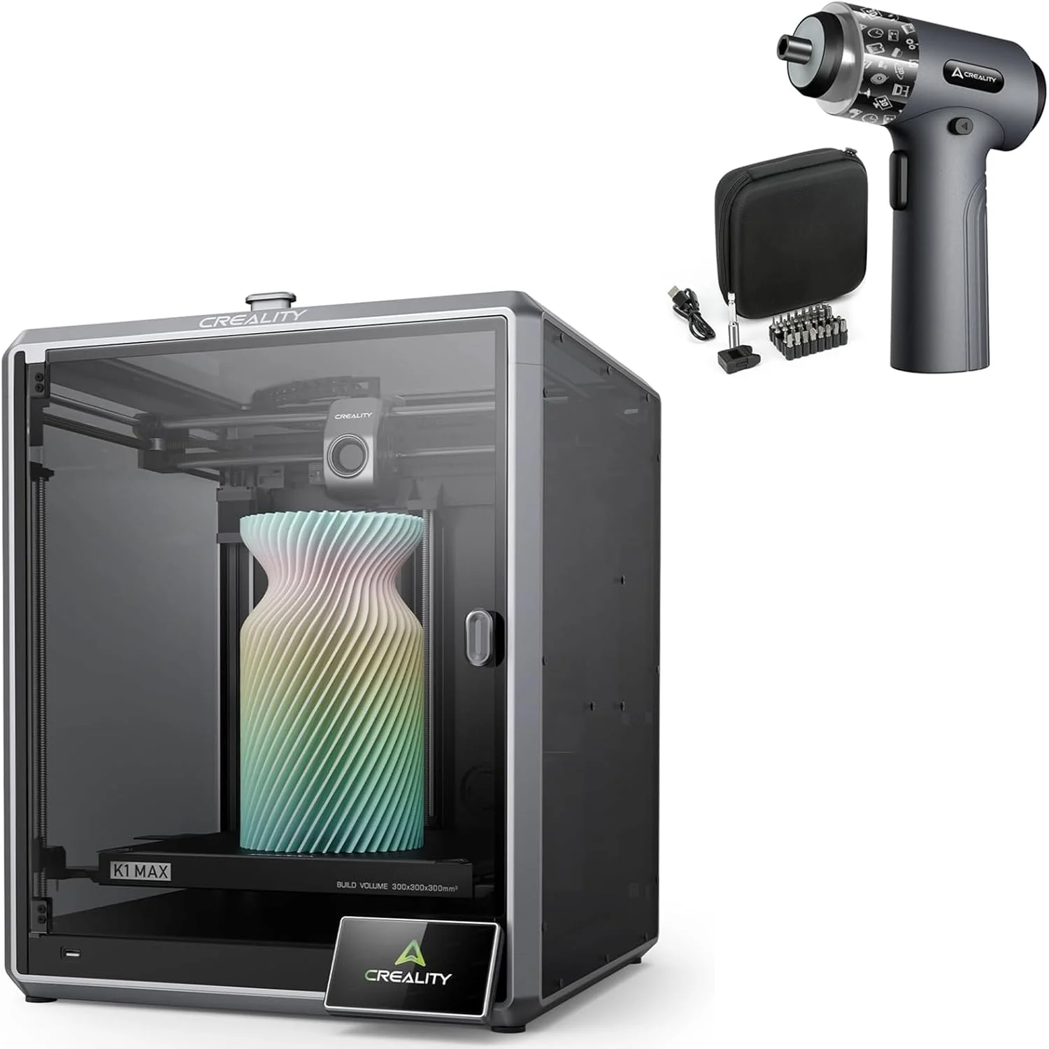 مجموعه پرینتر سه بعدی Creality K1 Max به همراه پیچ گوشتی برقی، پیچ گوشتی شارژی 3.7 ولتی با 32 سری فولادی CRV مجموعه پرینتر سه بعدی Creality K1 Max به همراه پیچ گوشتی برقی، پیچ گوشتی شارژی 3.7 ولتی با 32 سری فولادی CRV