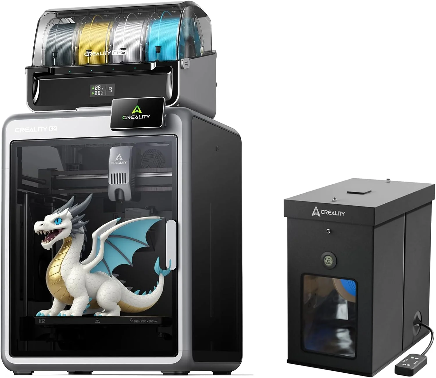پرینتر سه بعدی Creality K2 Combo، چاپ چند رنگ با CFS، همراه با جعبه خشک کن چند کیلویی فیلامنت، ظرفیت بزرگ مناسب برای قرقره های 1kg/2kg/3kg/5kg
