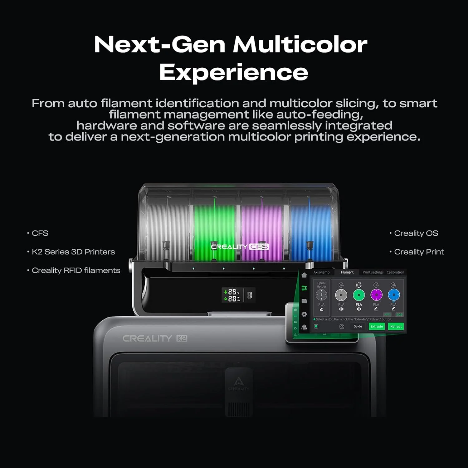 پرینتر سه بعدی Creality K2 Combo، چاپ چند رنگ با CFS، همراه با جعبه خشک کن چند کیلویی فیلامنت، ظرفیت بزرگ مناسب برای قرقره های 1kg/2kg/3kg/5kg