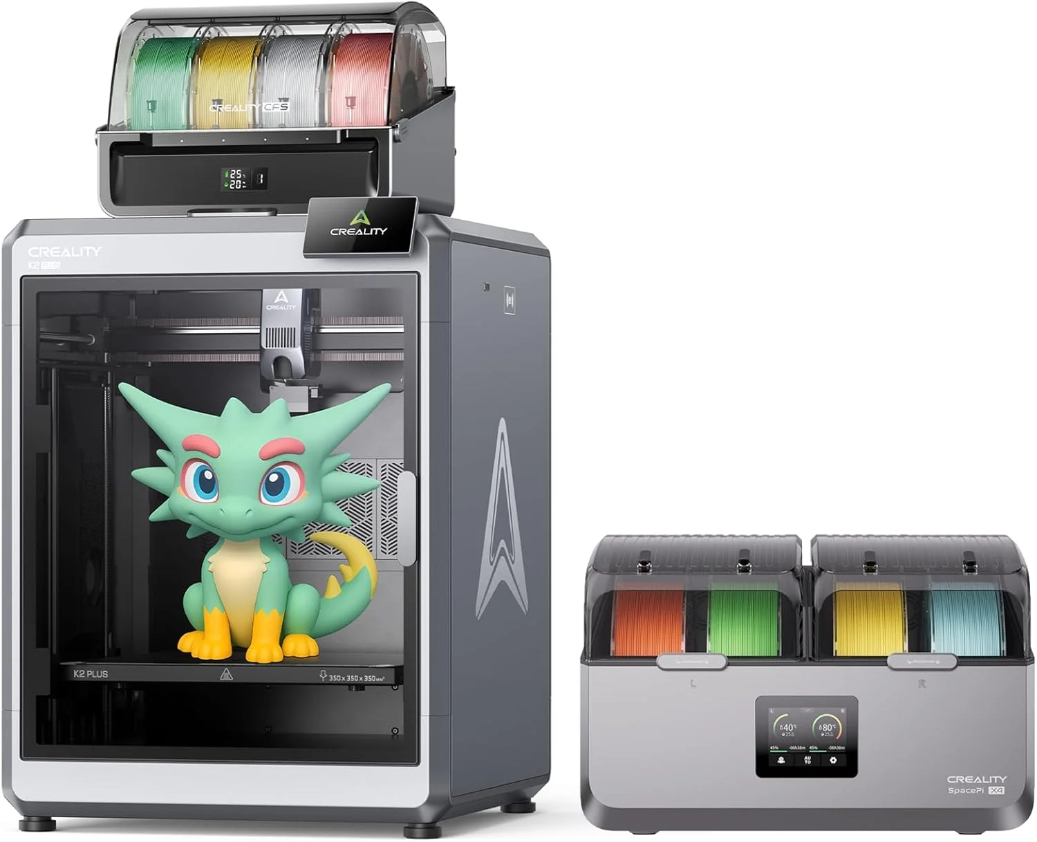 بسته پرینتر سه بعدی چند رنگی Creality K2 Plus Combo به همراه جعبه خشک کن فیلامنت Space Pi X4 و محفظه نگهداری 4 حلقه فیلامنت پرینتر سه بعدی