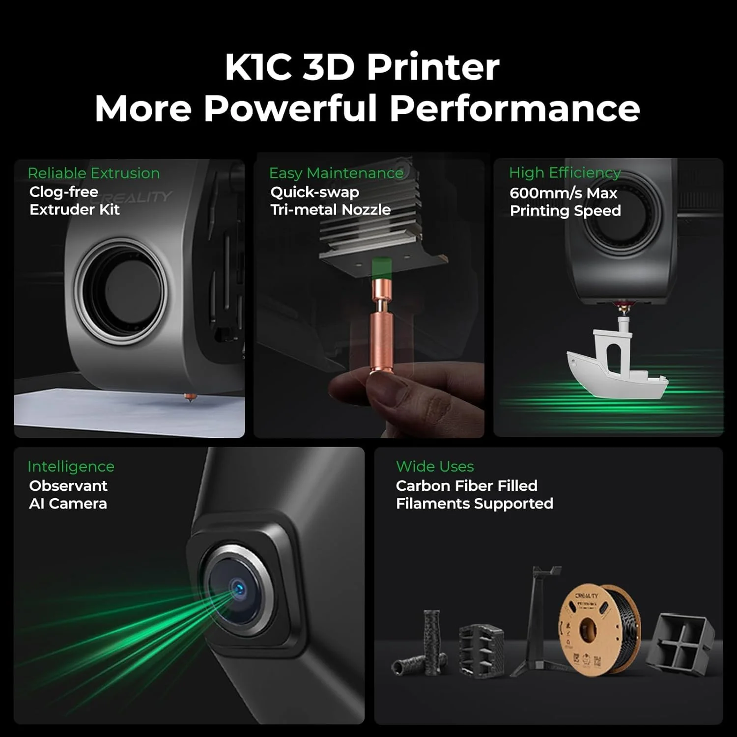 پرینتر سه بعدی کرالیتی K1C، سرعت بالای 600 میلی‌متر بر ثانیه، تراز خودکار، اکسترودر مستقیم قوی بدون گرفتگی، پرینتر سه بعدی ارتقا یافته K1 SE با دوربین هوش مصنوعی، چاپ 300 درجه سانتیگراد، حالت بی‌صدا، پشتیبانی از فیلامنت‌های فیبر کربن