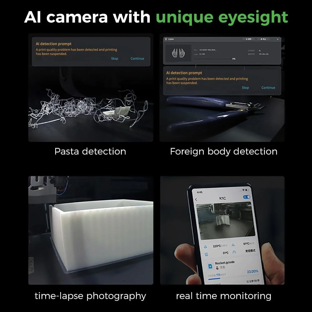 پرینتر سه بعدی Creality K1C، دستگاه چاپ سه بعدی ارتقا یافته K1 با دوربین هوش مصنوعی، سرعت بالای 600 میلی‌متر بر ثانیه، جزئیات صاف 0.1 میلی‌متری، تراز خودکار، خودآزمایی با یک ضربه، اندازه چاپ 8.66x8.66x9.84 اینچ