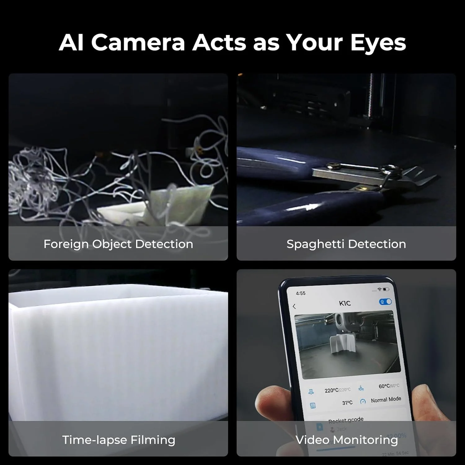 پرینتر سه بعدی کرالیتی K1C، سرعت بالای 600 میلی‌متر بر ثانیه، تراز خودکار، با دوربین هوش مصنوعی برای پرینت 300 درجه سانتیگراد، حالت بی‌صدا قابل تعویض، پرینت سه بعدی فیبر کربن مطمئن 220 * 220 * 250 میلی‌متر